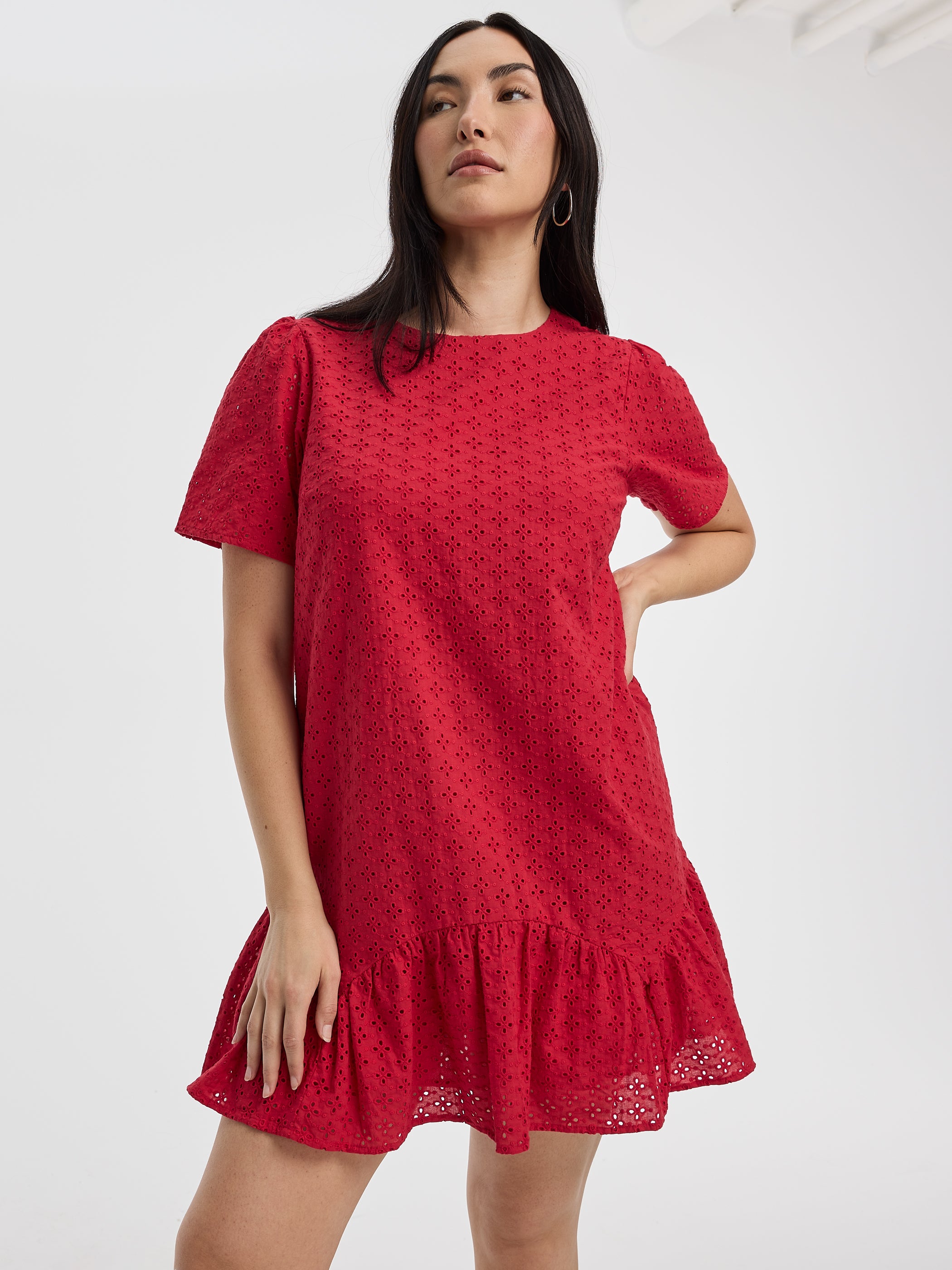 Short-Sleeve Crew-Neck Eyelet Dress