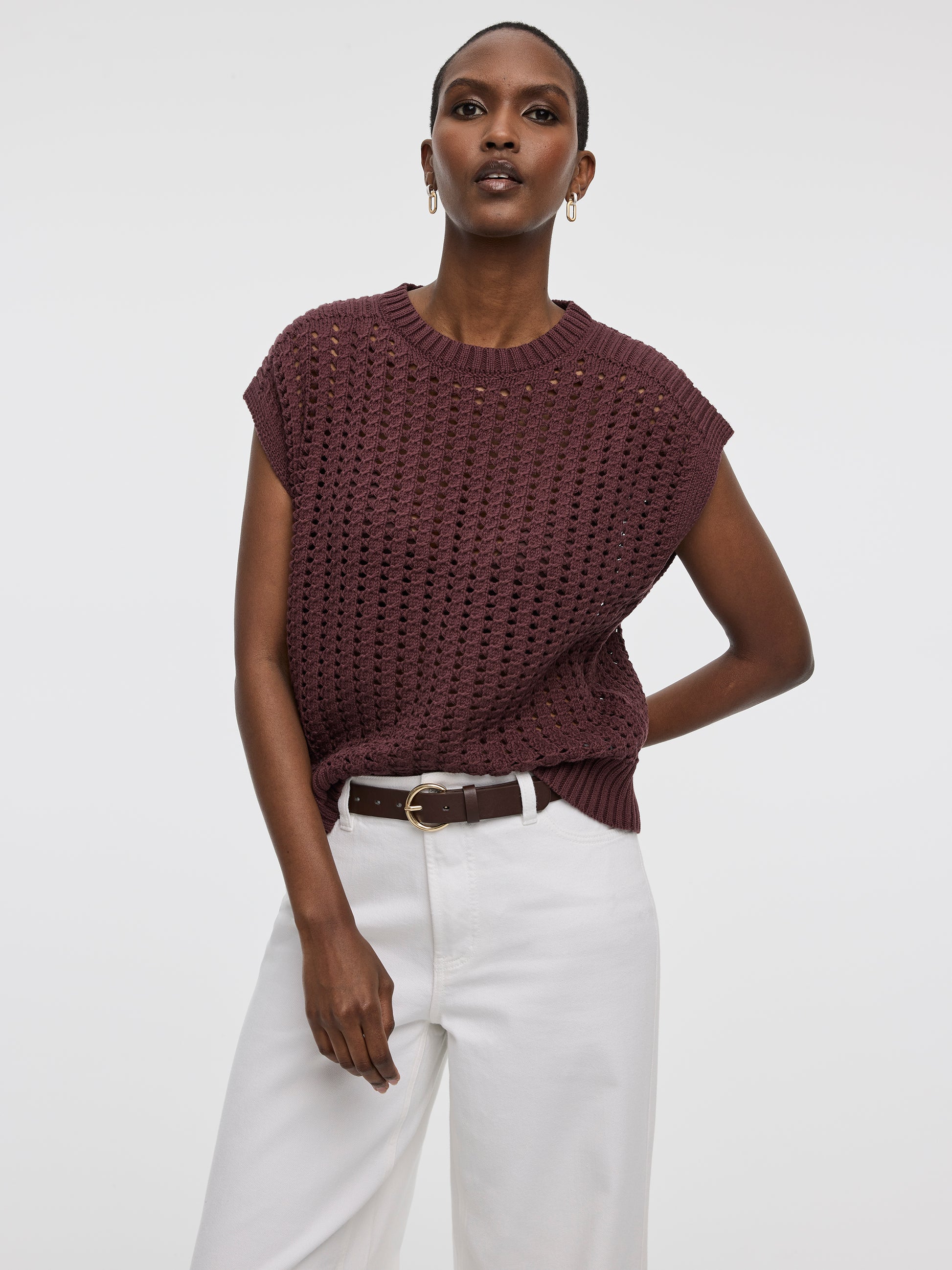 Extended-Sleeve Crew-Neck Sweater with Open Stitches