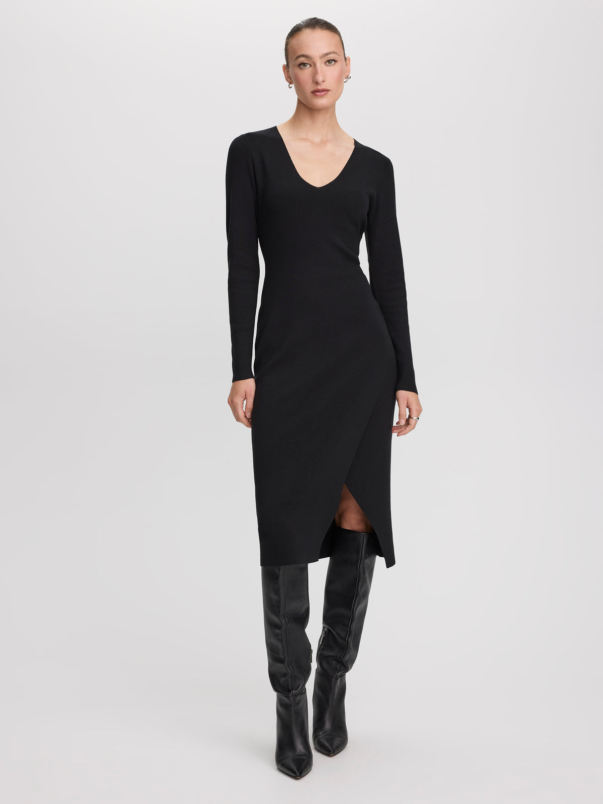 Long-Sleeve Midi Dress with Asymmetrical Slit