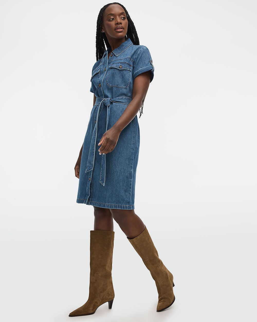 Short-Sleeve Buttoned-Down Denim Dress