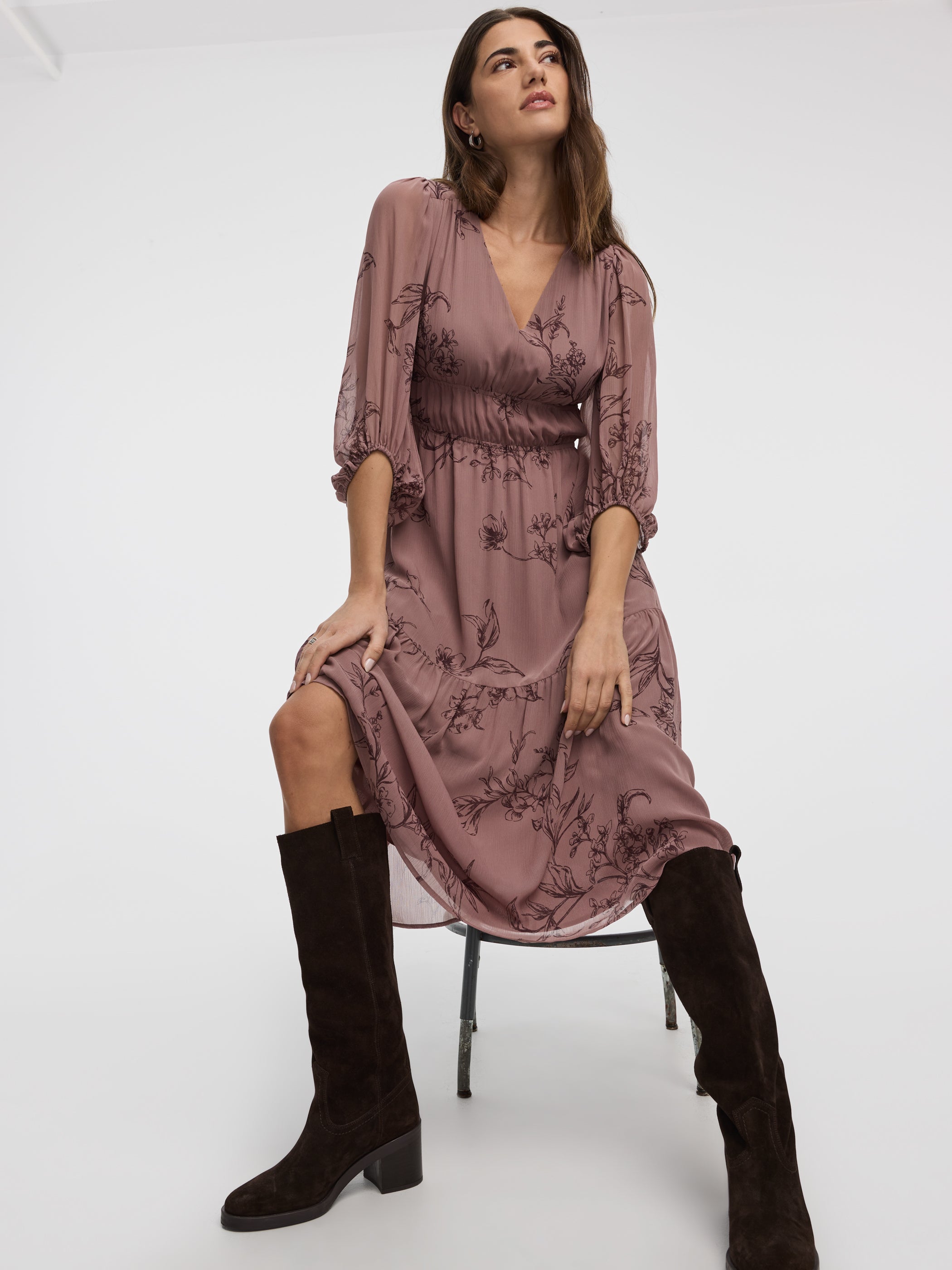 V-Neck Empire Midi Dress with Sheer Sleeves