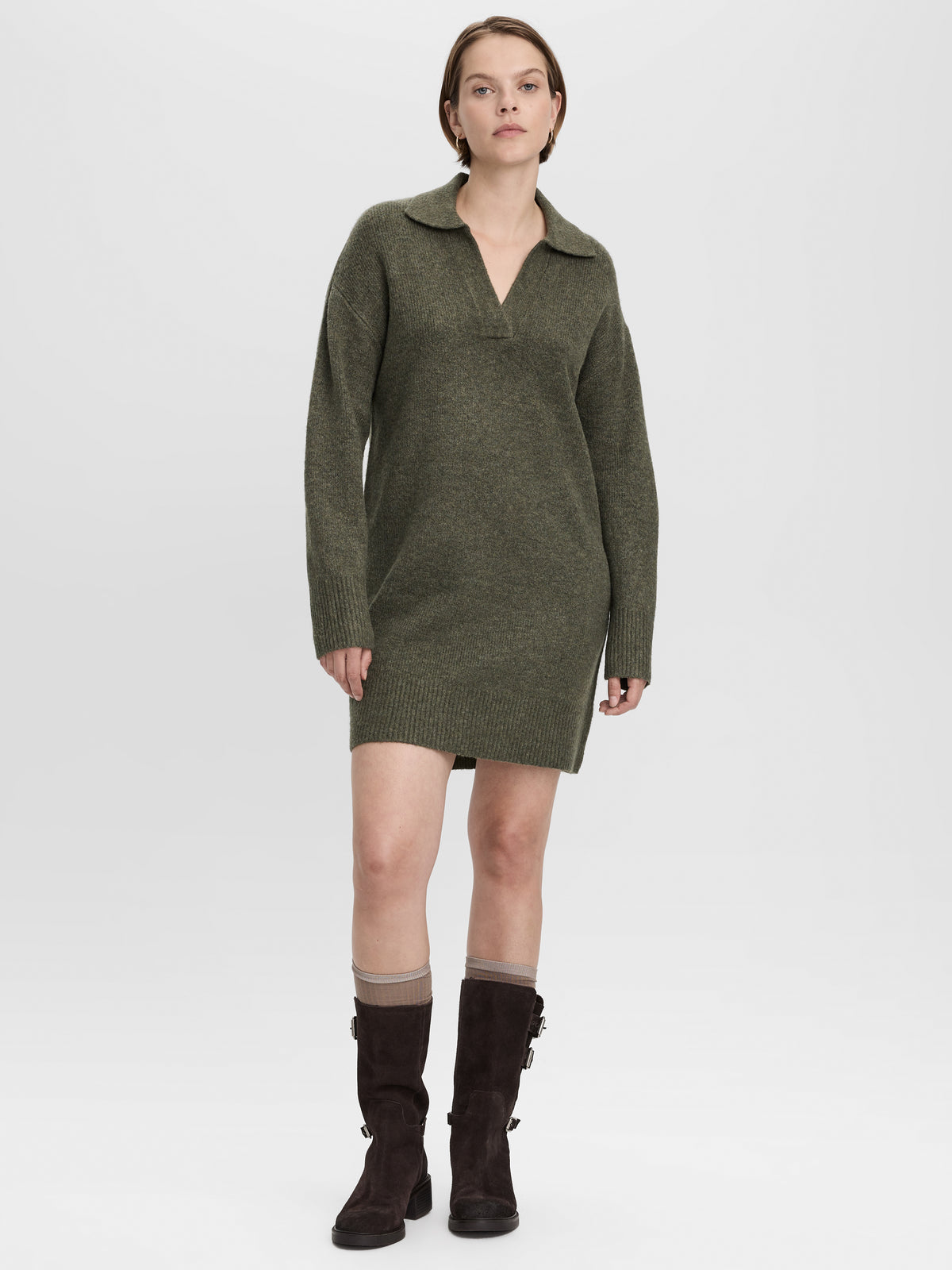 PlushSoft Long-Sleeve Mini Dress with Johnny Collar