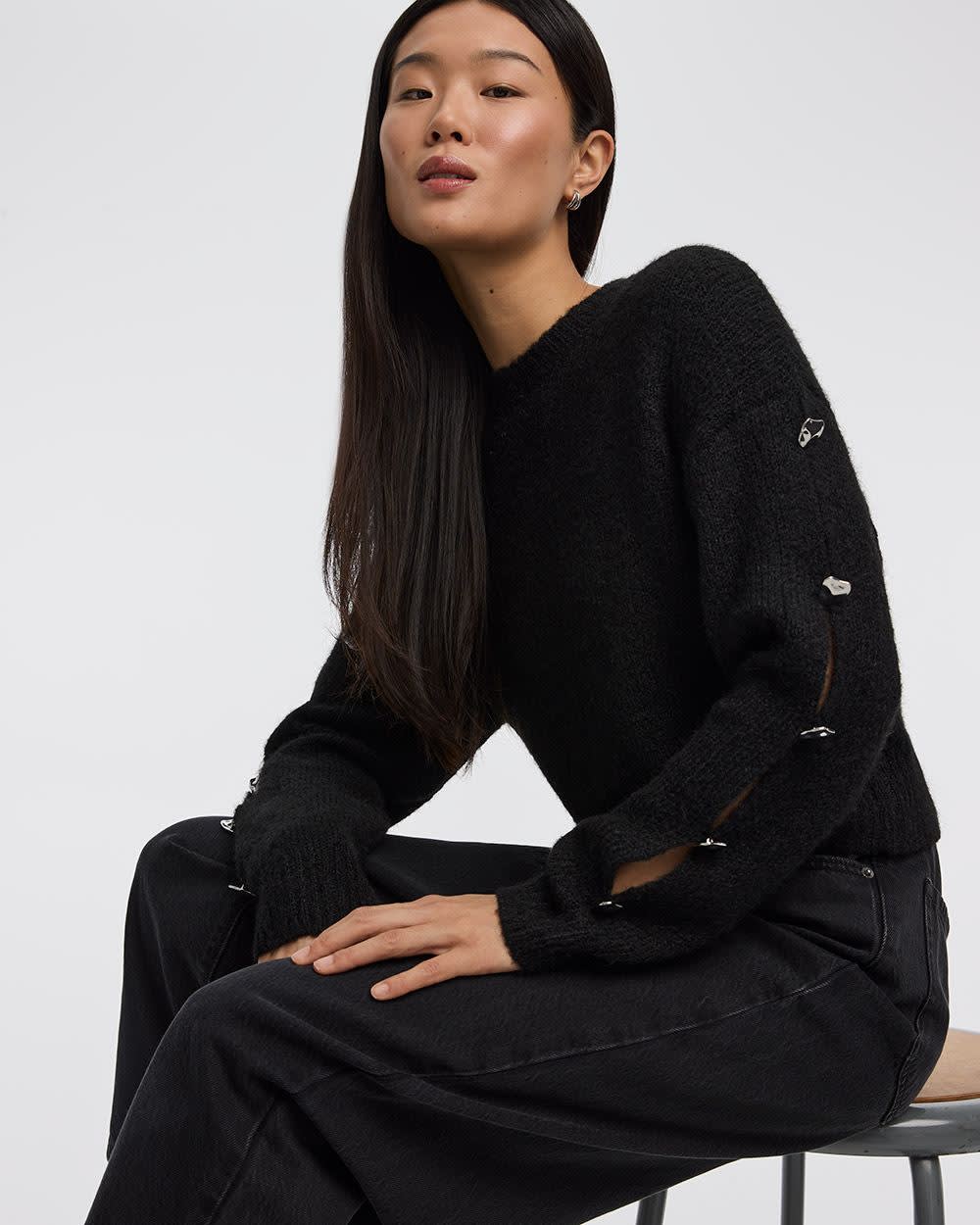 Long-Sleeve Boat-Neck Sweater with Jewelled Details