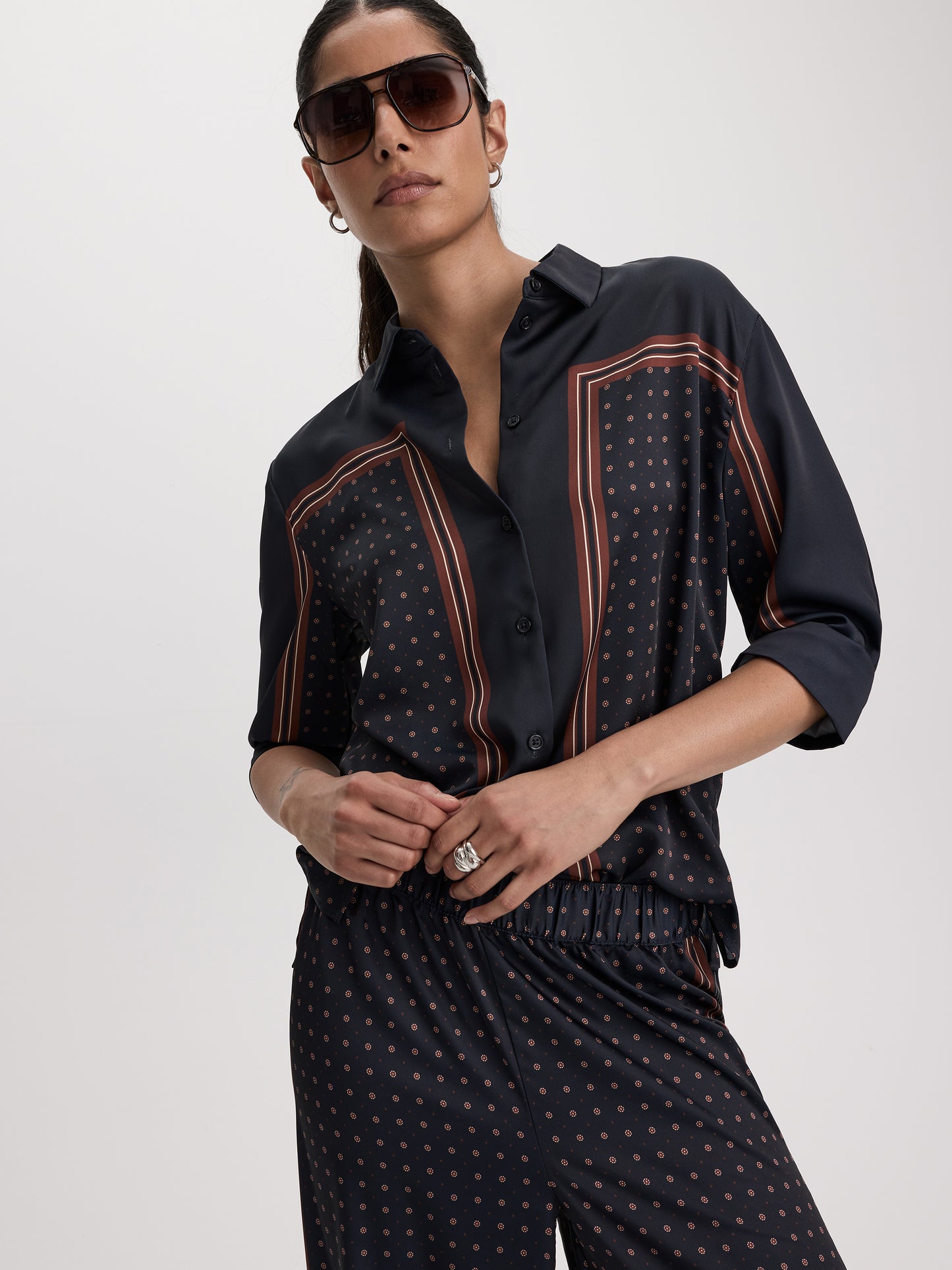 Long-Sleeve Loose Satin Blouse