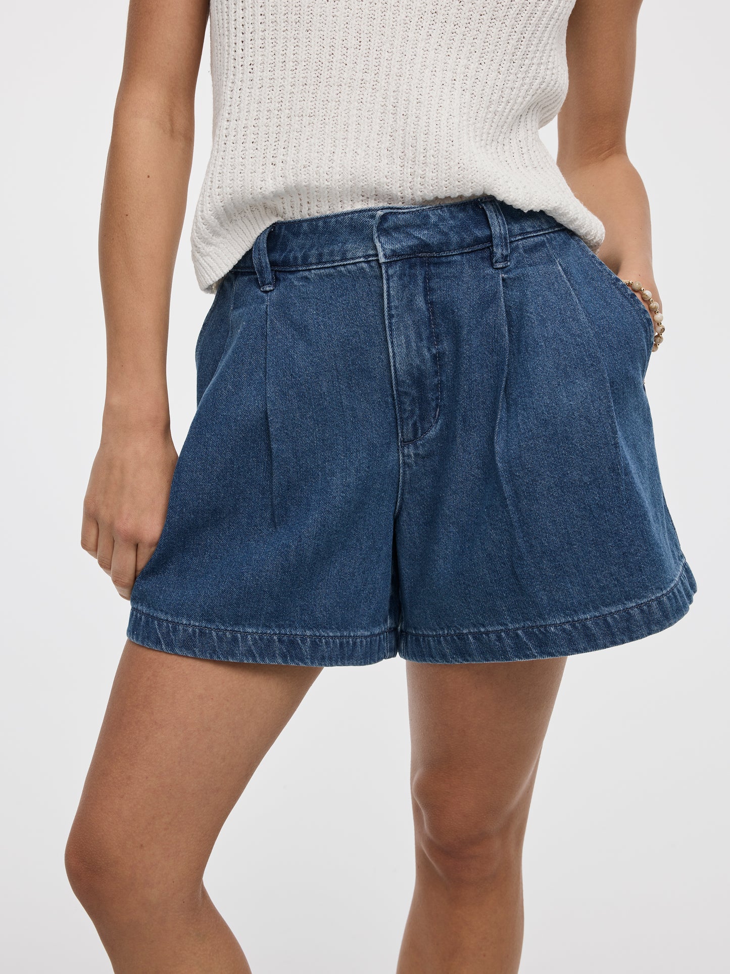 Pleated Denim Shorts