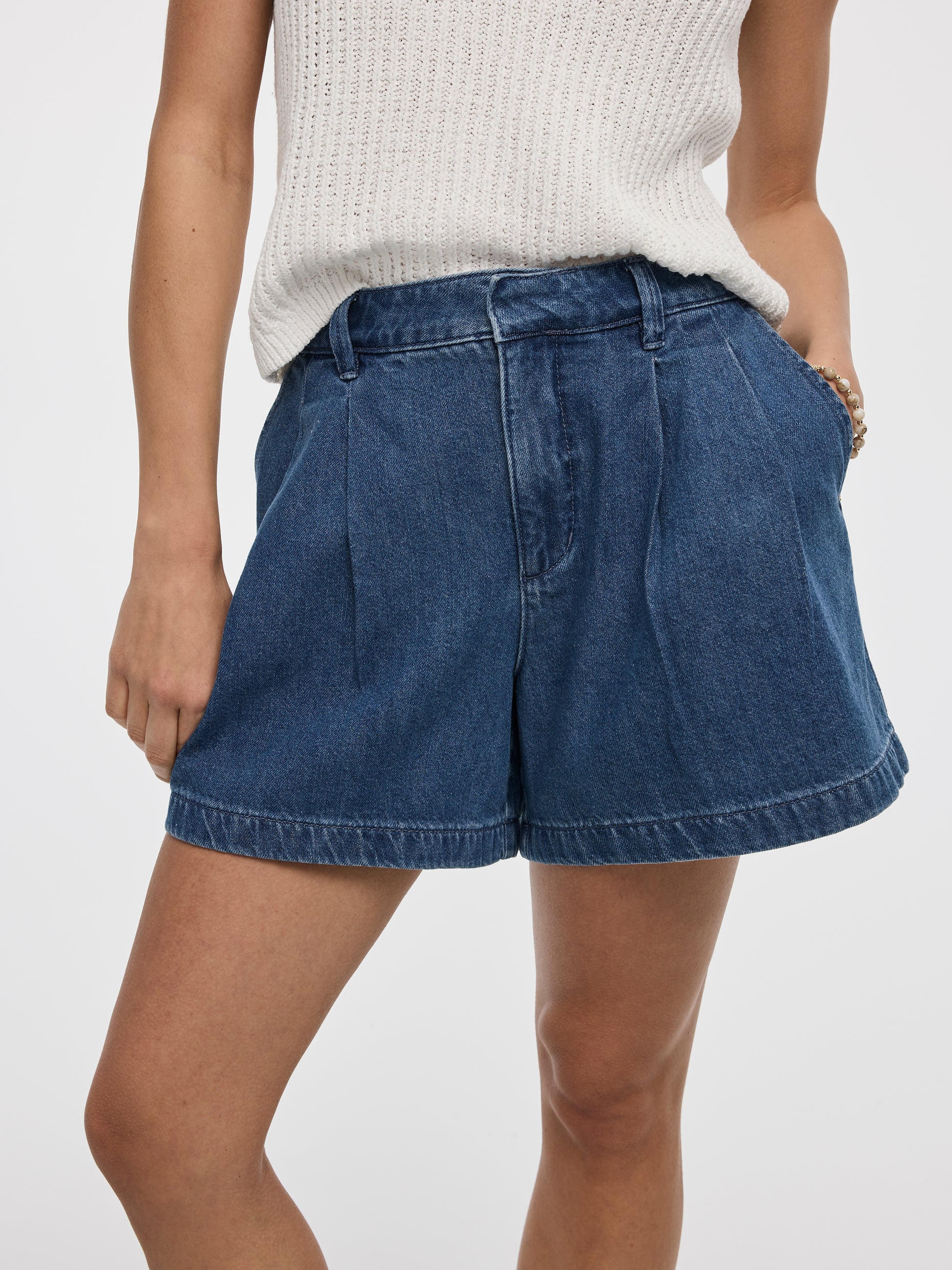Pleated Denim Shorts