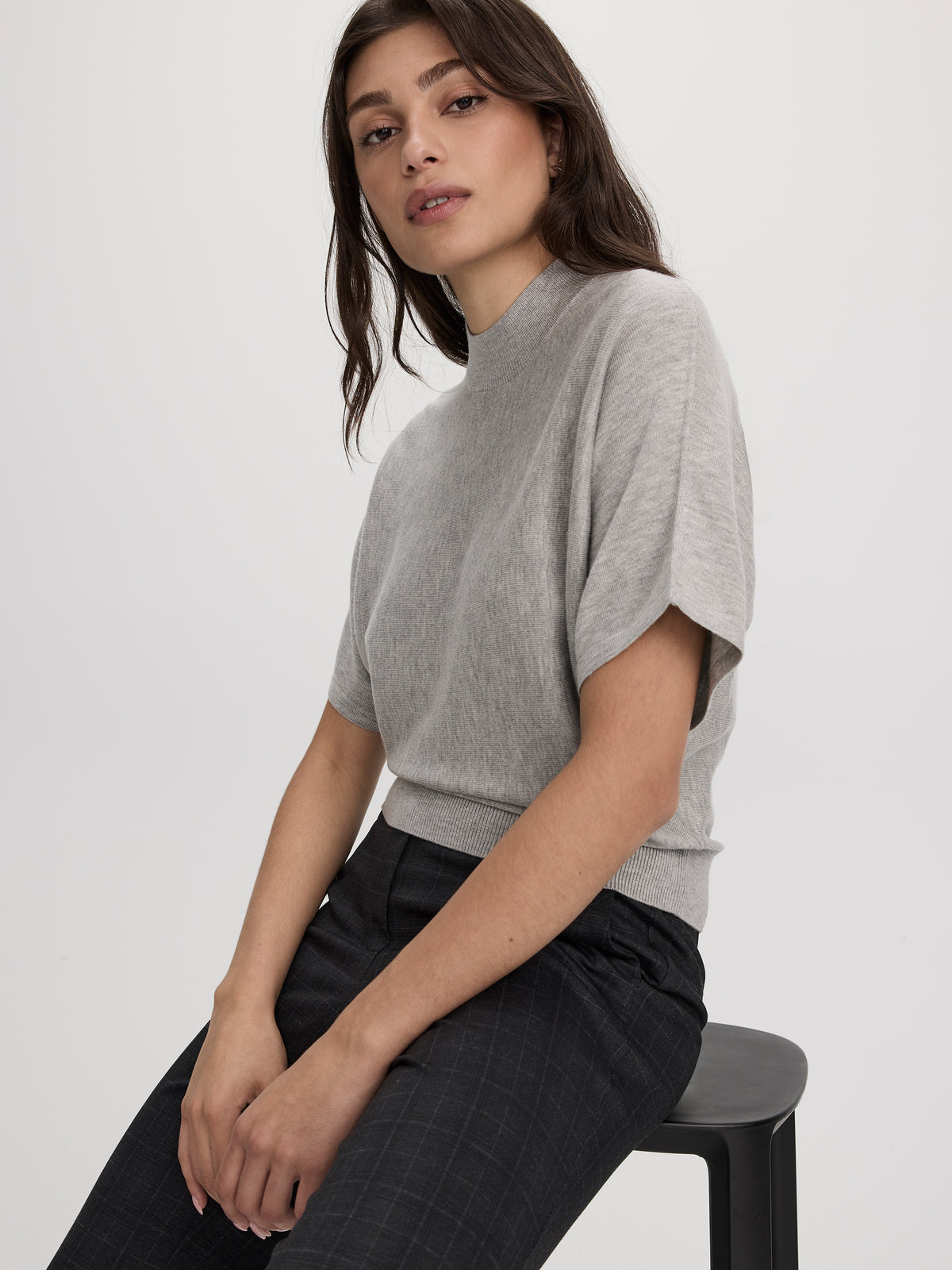 Merino-Blend Short-Sleeve Mock-Neck Sweater