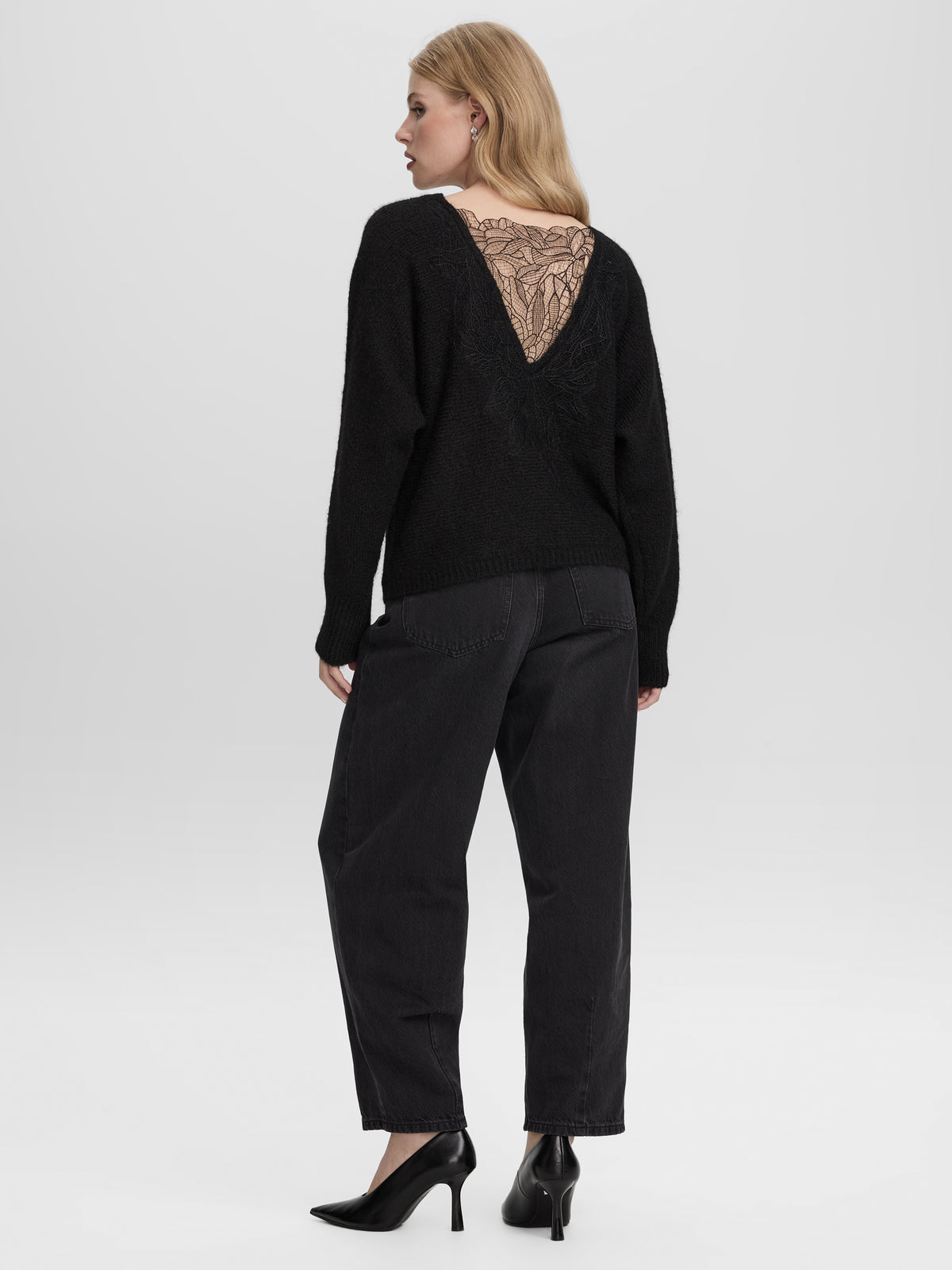 Long-Sleeve Boat-Neck Sweater with Lace Insert