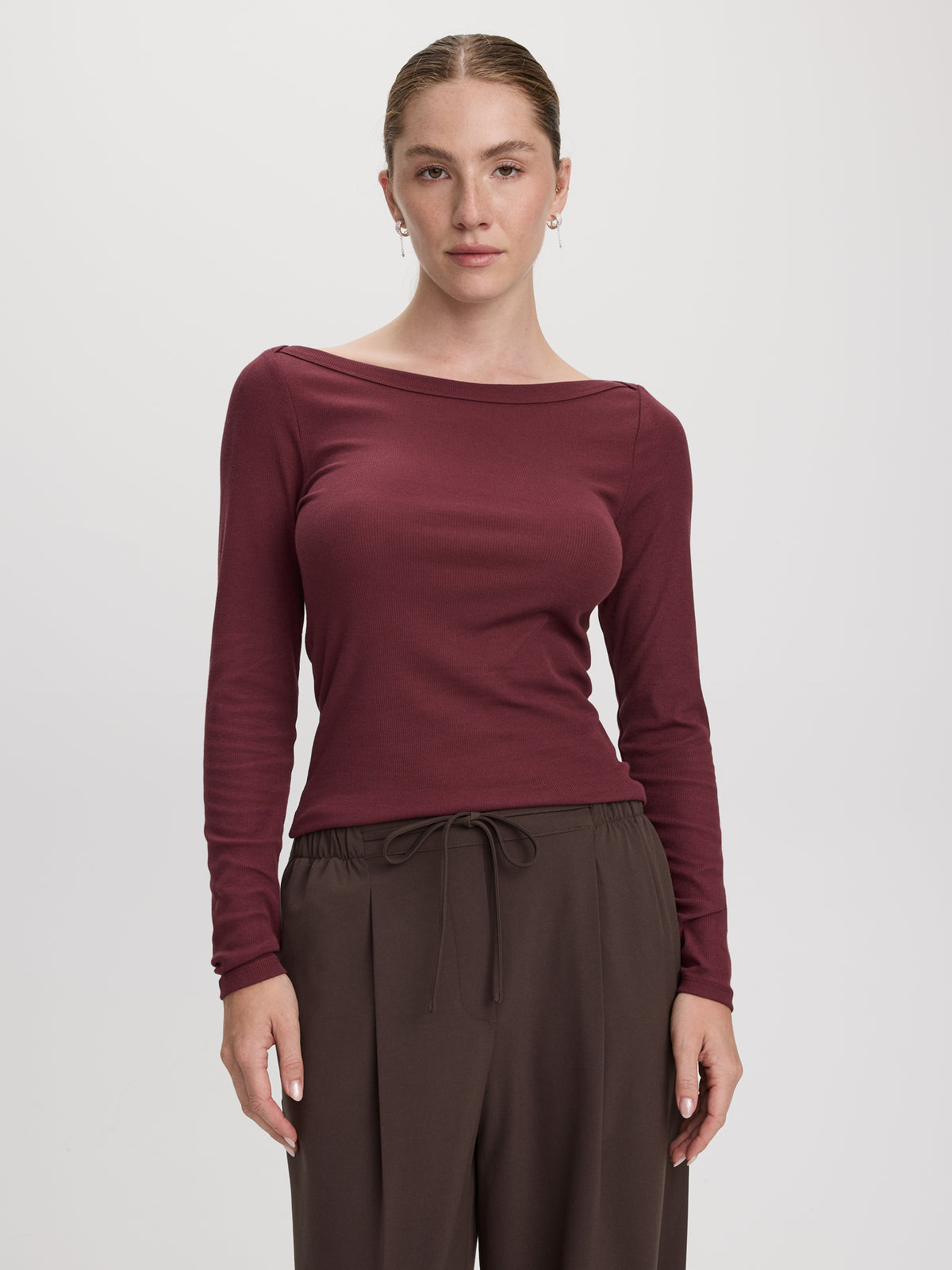 Long-Sleeve Boat-Neck Ribbed Top