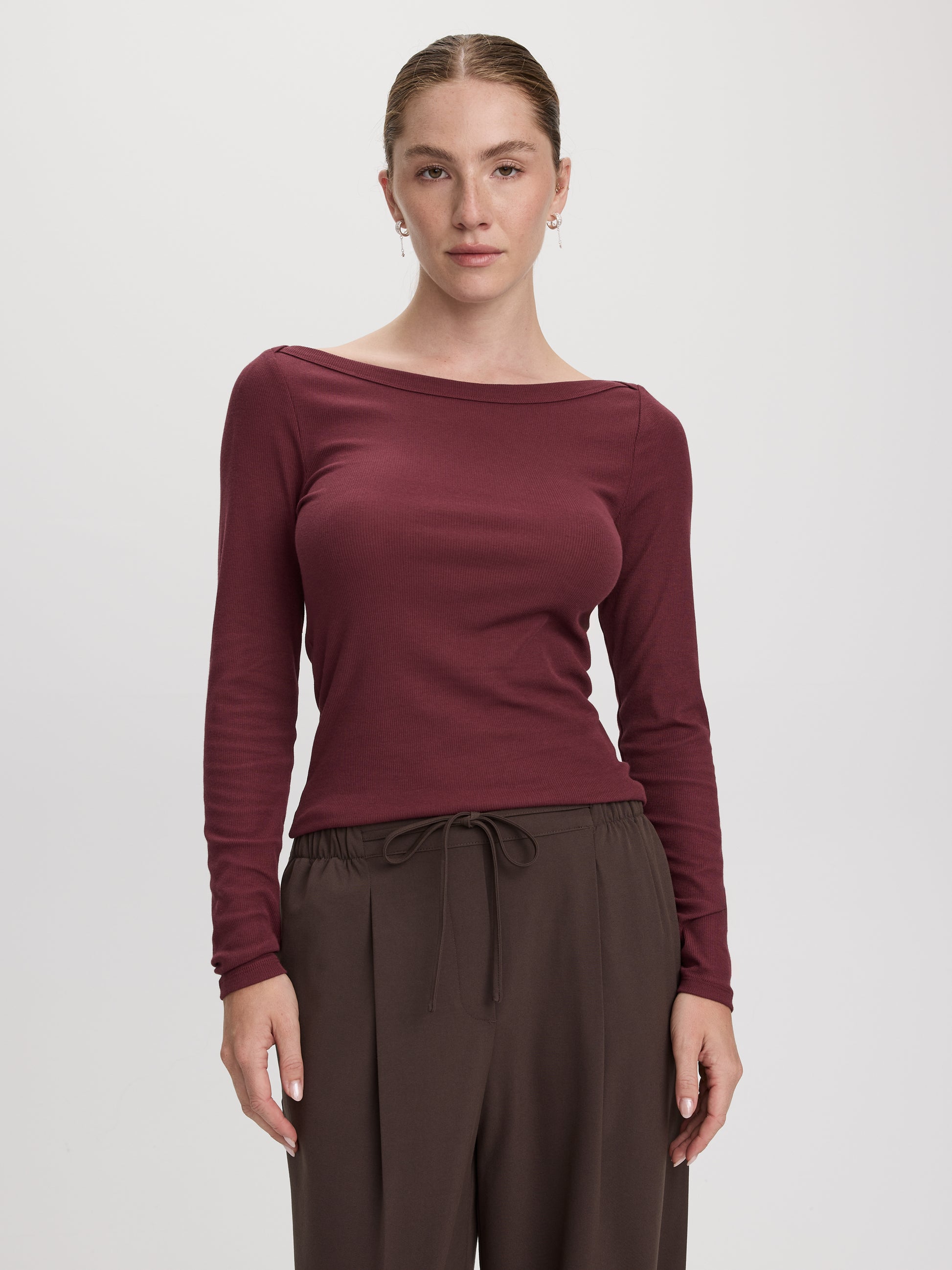 Long-Sleeve Boat-Neck Ribbed Top