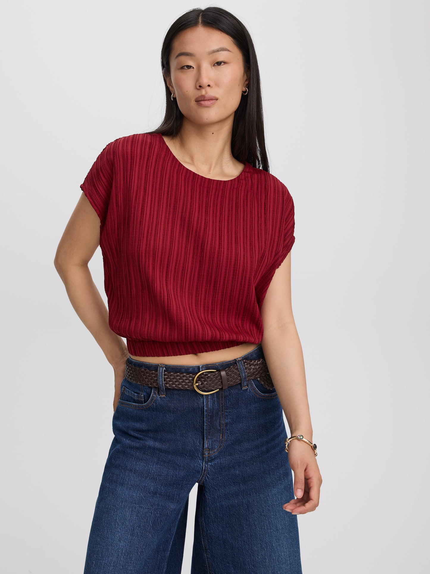 Extended-Sleeve Crew-Neck Blouse with Elasticated Hem