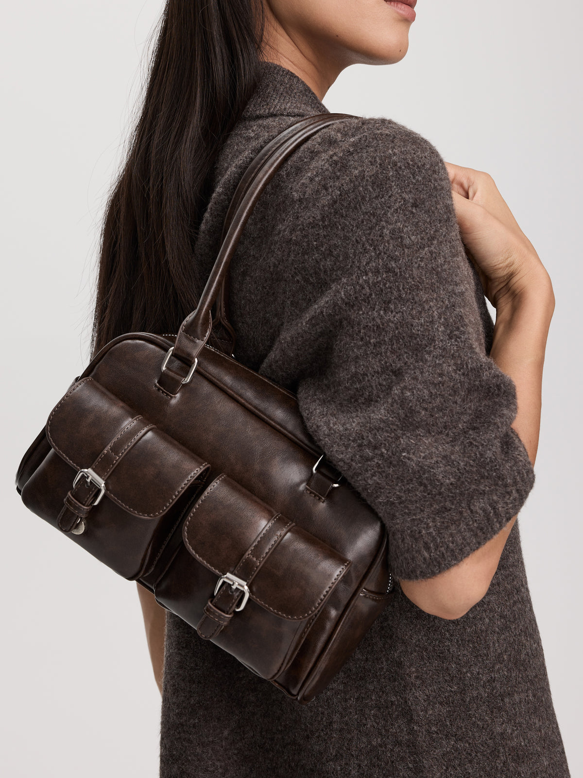 Multi-Pockets Faux-Leather Shoulder Bag