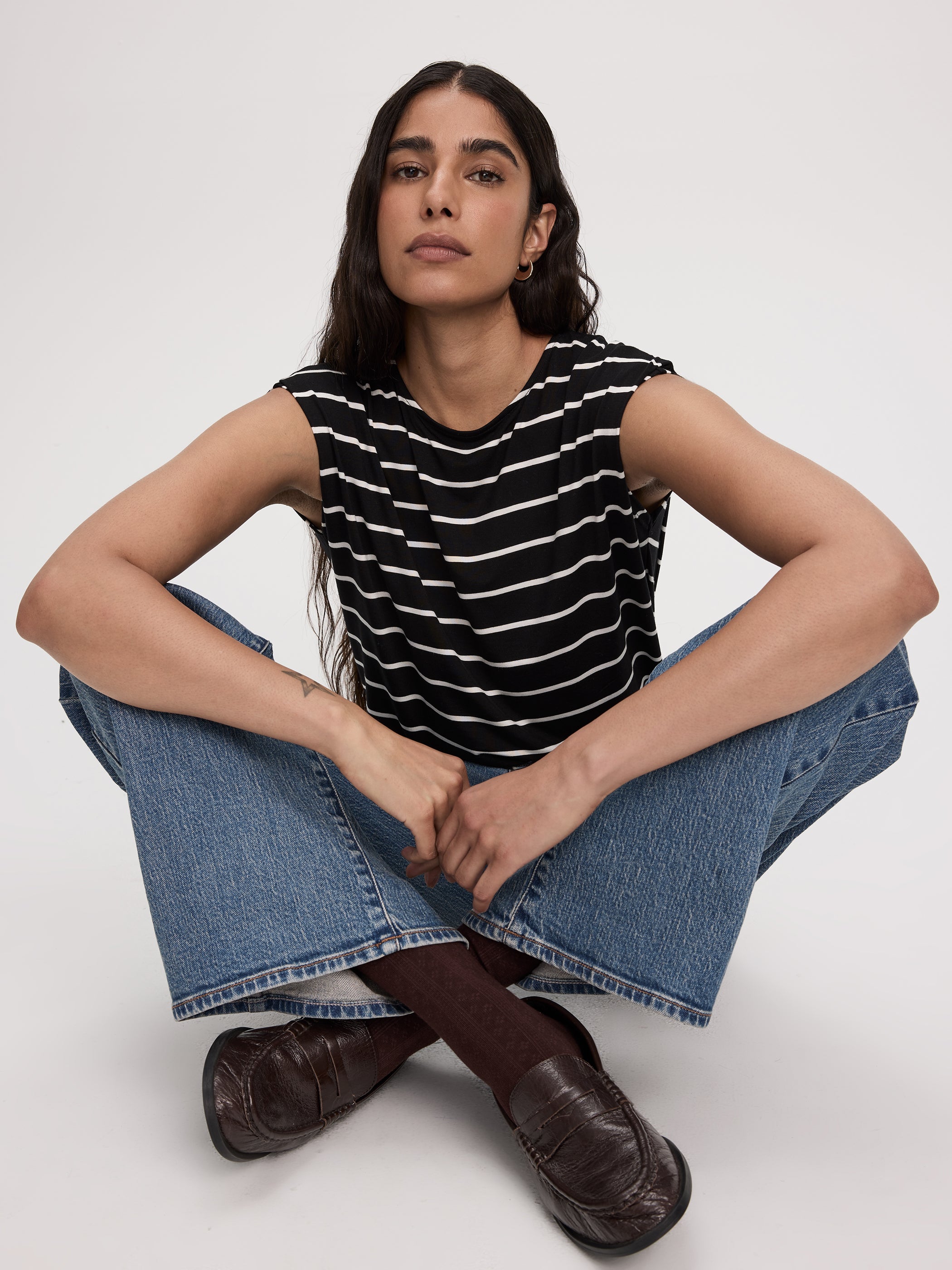 Striped Short-Dolman-Sleeve Boat-Neck T-Shirt