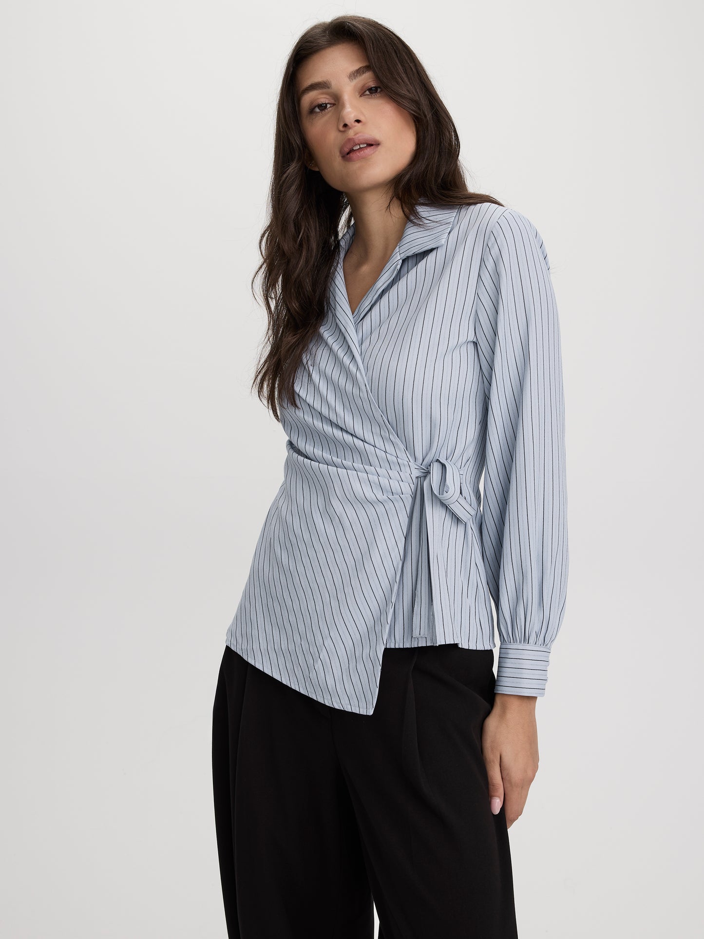 Long-Sleeve Wrap Blouse with V Neckline