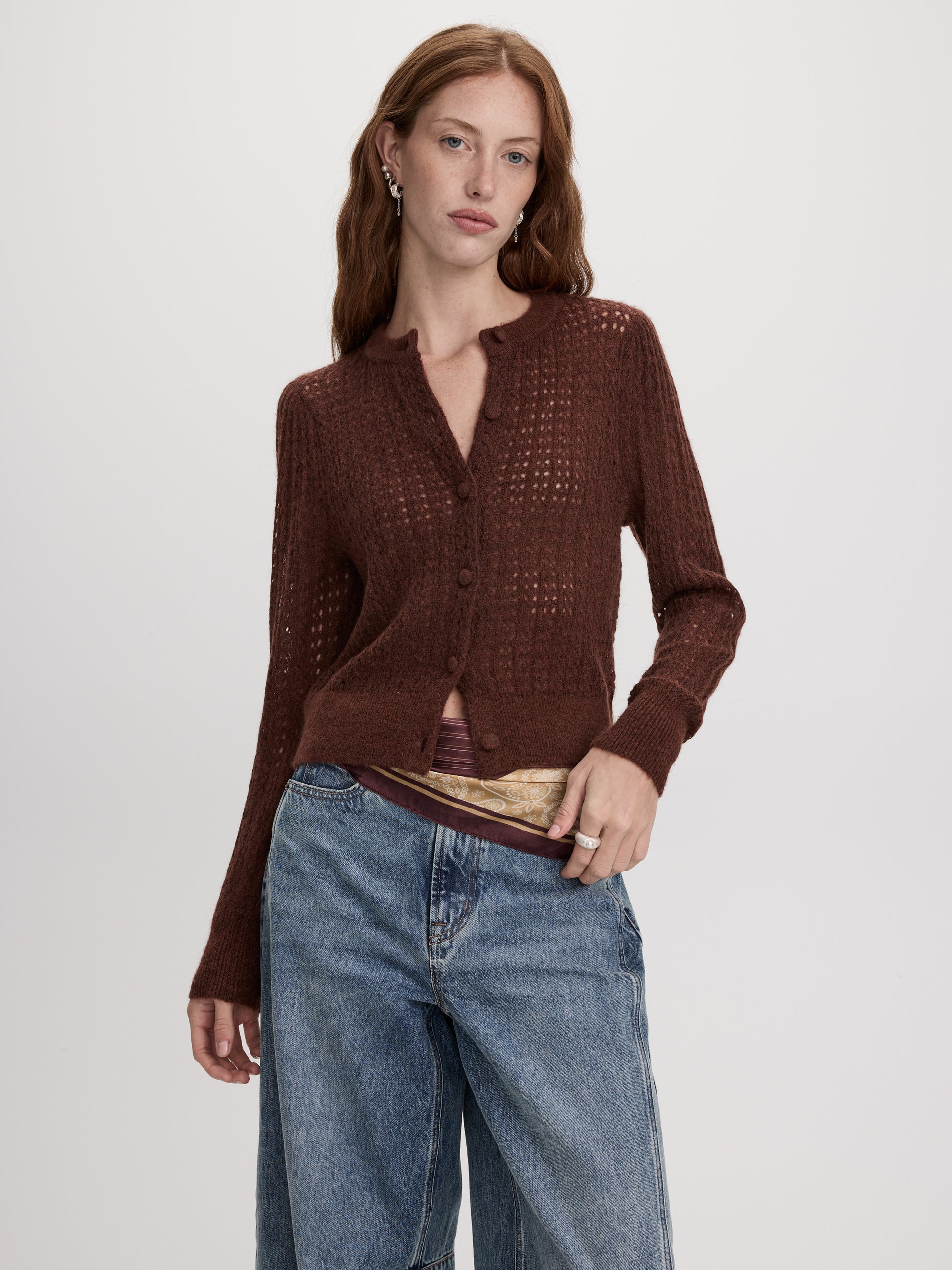 Long-Sleeve Crew-Neck Cardigan with Open Stitches