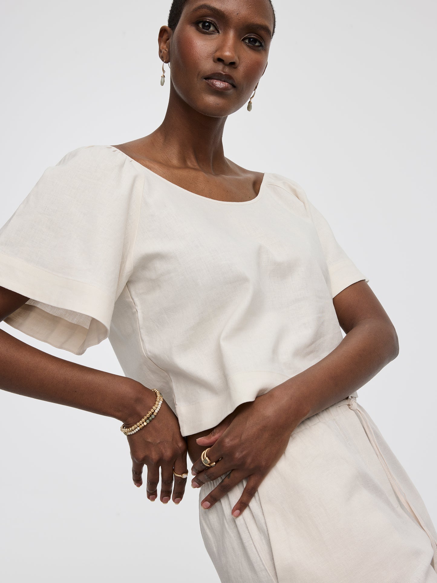 Scoop-Neck Blouse with Flutter Sleeves