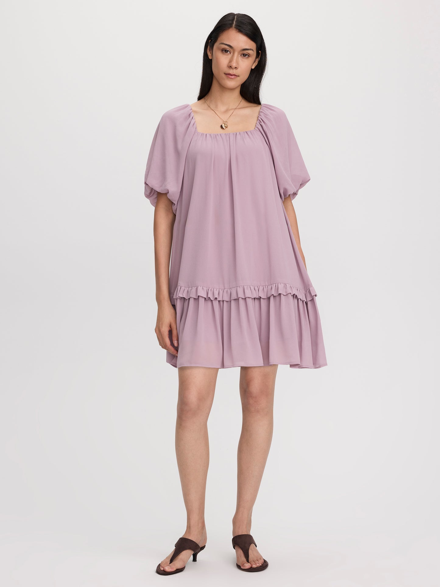 Square-Neck Mini Dress with Bubble Sleeves