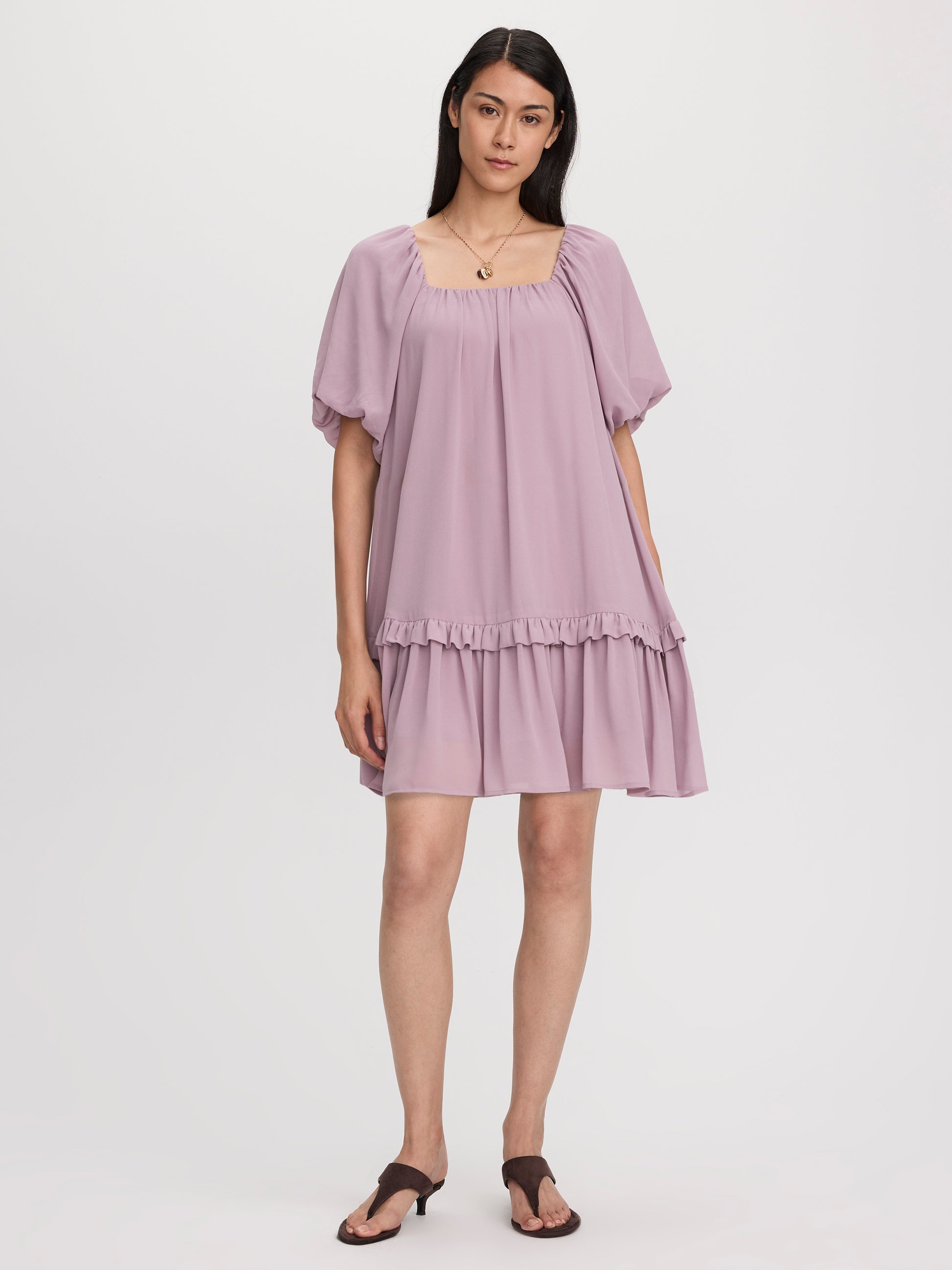 Square-Neck Mini Dress with Bubble Sleeves