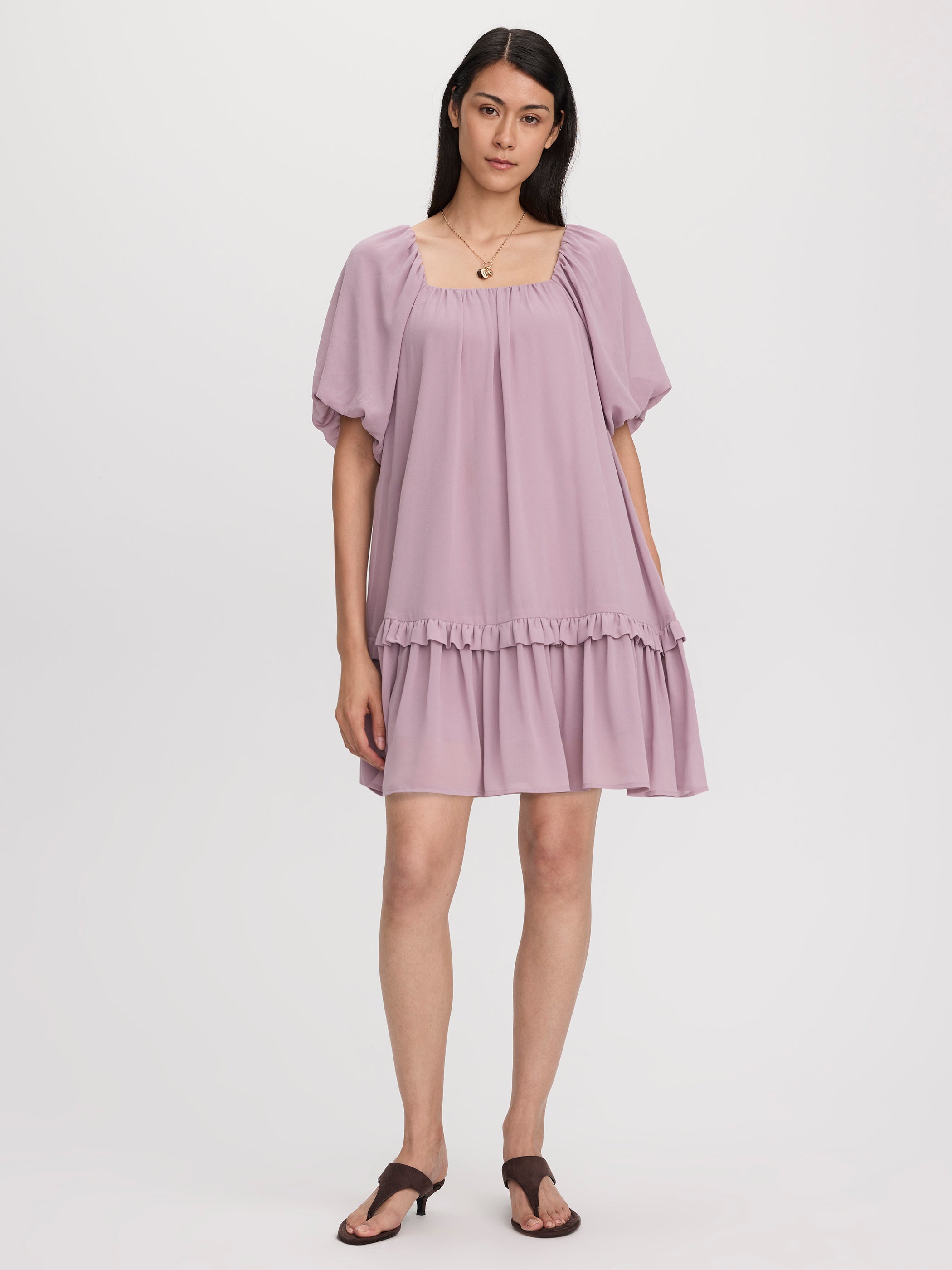 Square-Neck Mini Dress with Bubble Sleeves