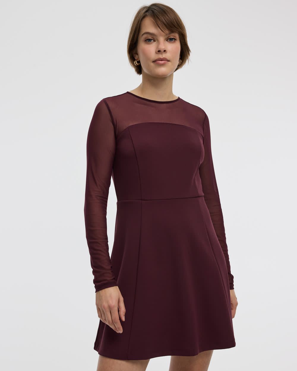 Long-Sleeve Fit-and-Flare Dress with Sheer Yoke