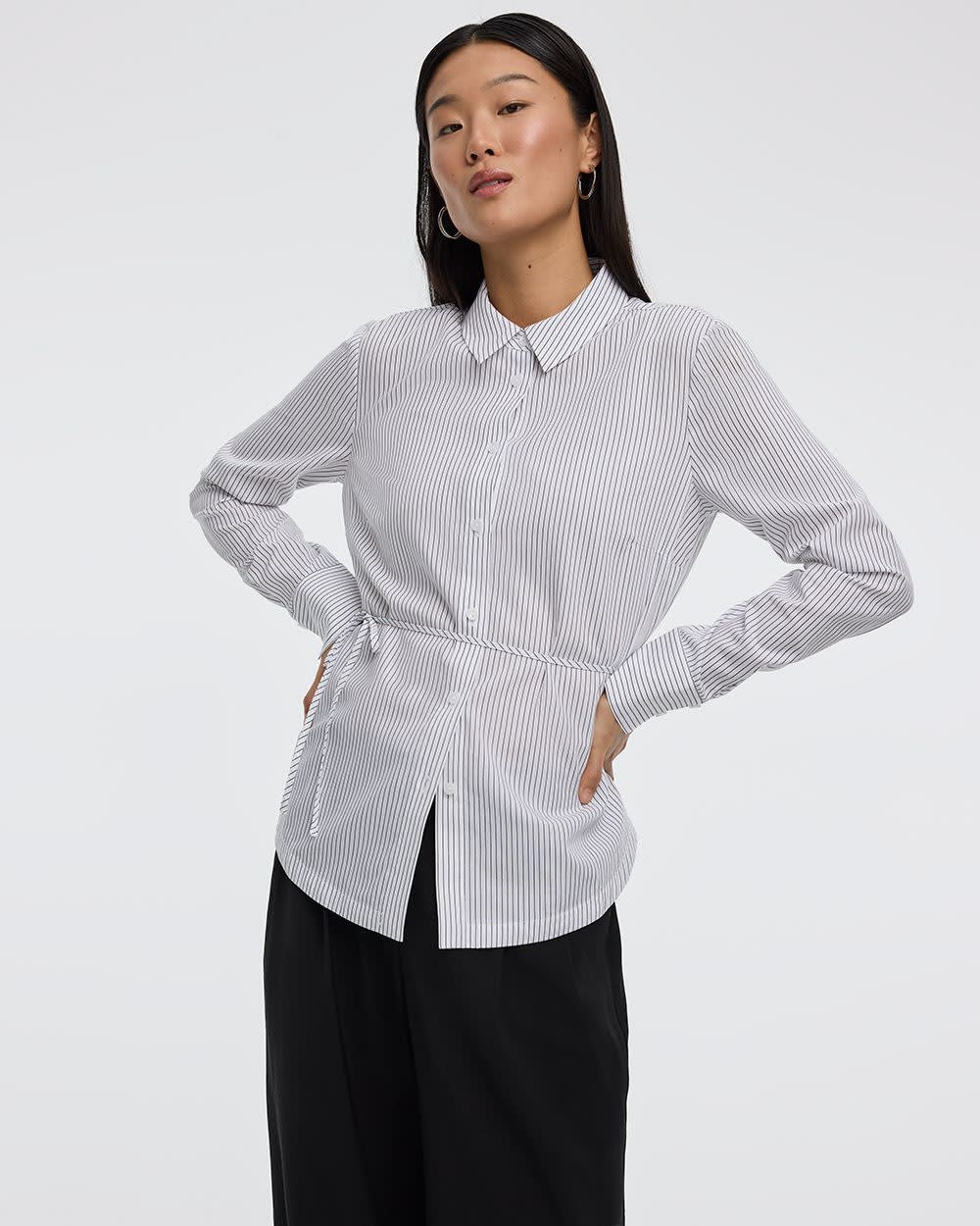 Striped Long-Sleeve Poplin Shirt with Self-Tie Sash