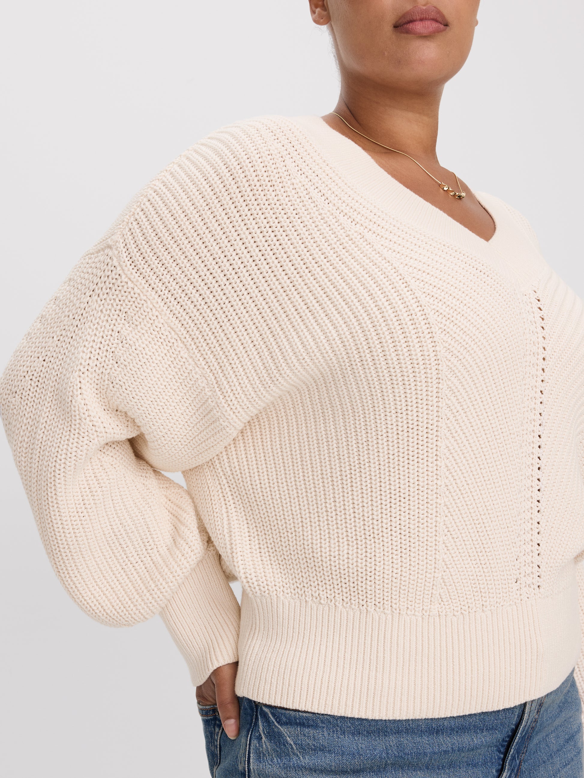 Long-Sleeve V-Neck Sweater with Half-Cardigan Stitches