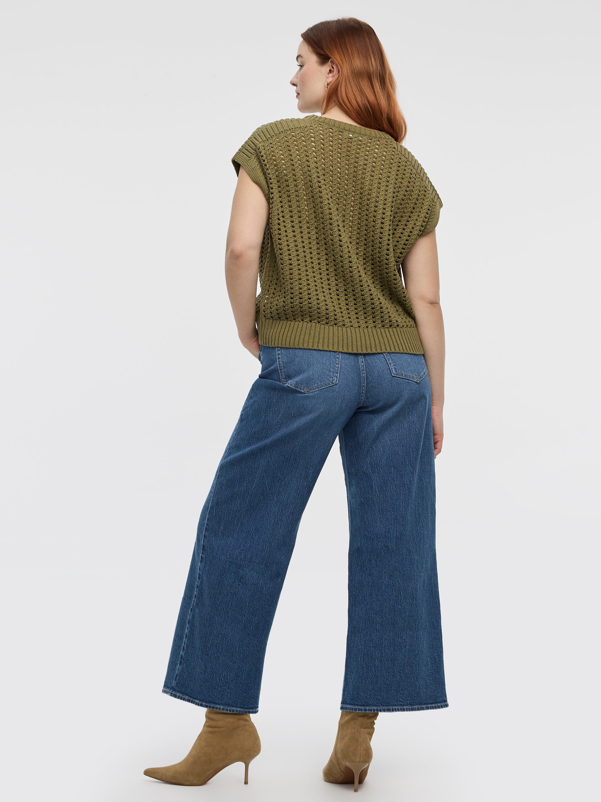 Extended-Sleeve Crew-Neck Sweater with Open Stitches