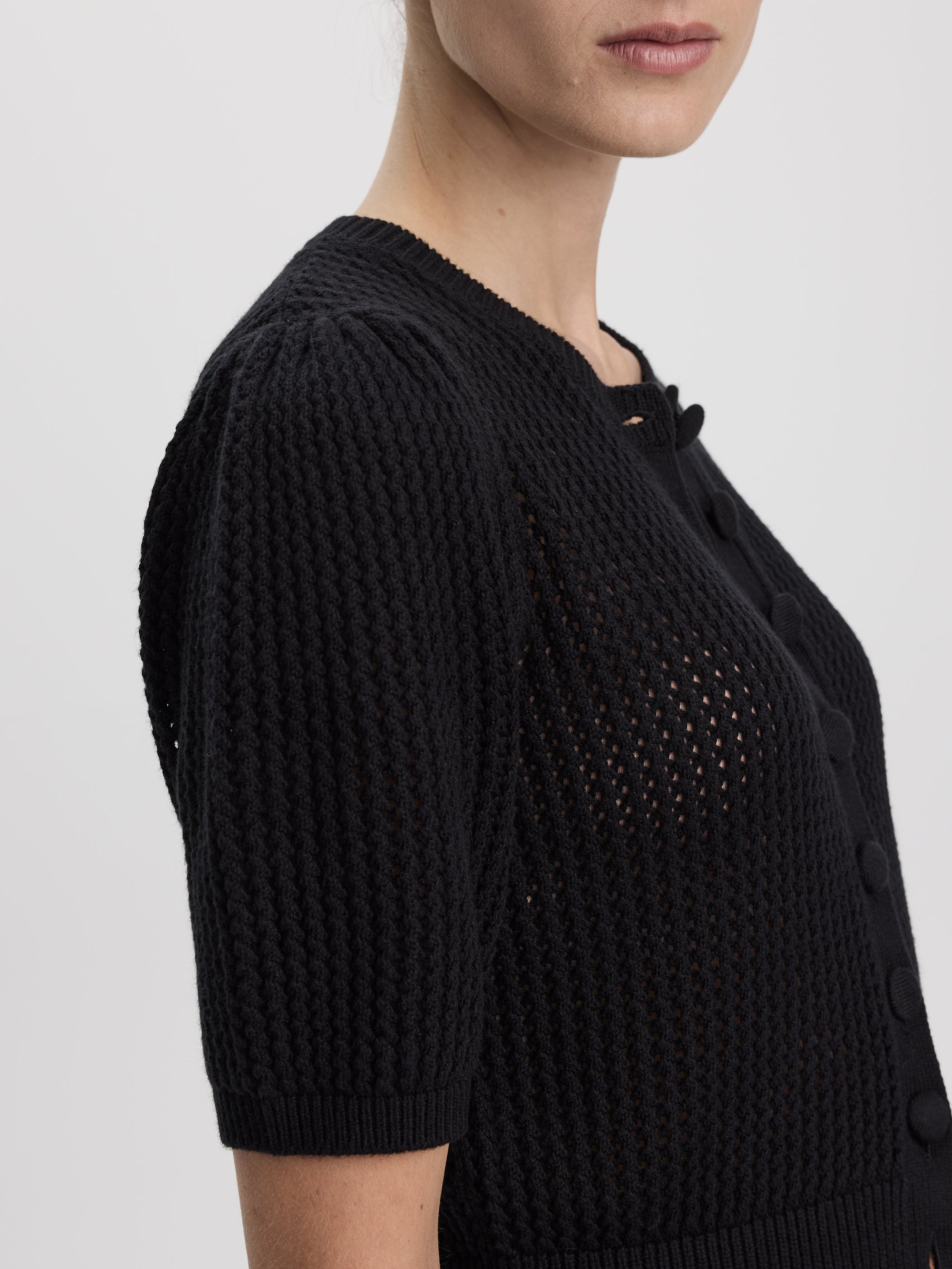 Short-Sleeve Crew-Neck Cardigan with Pointelle Stitches