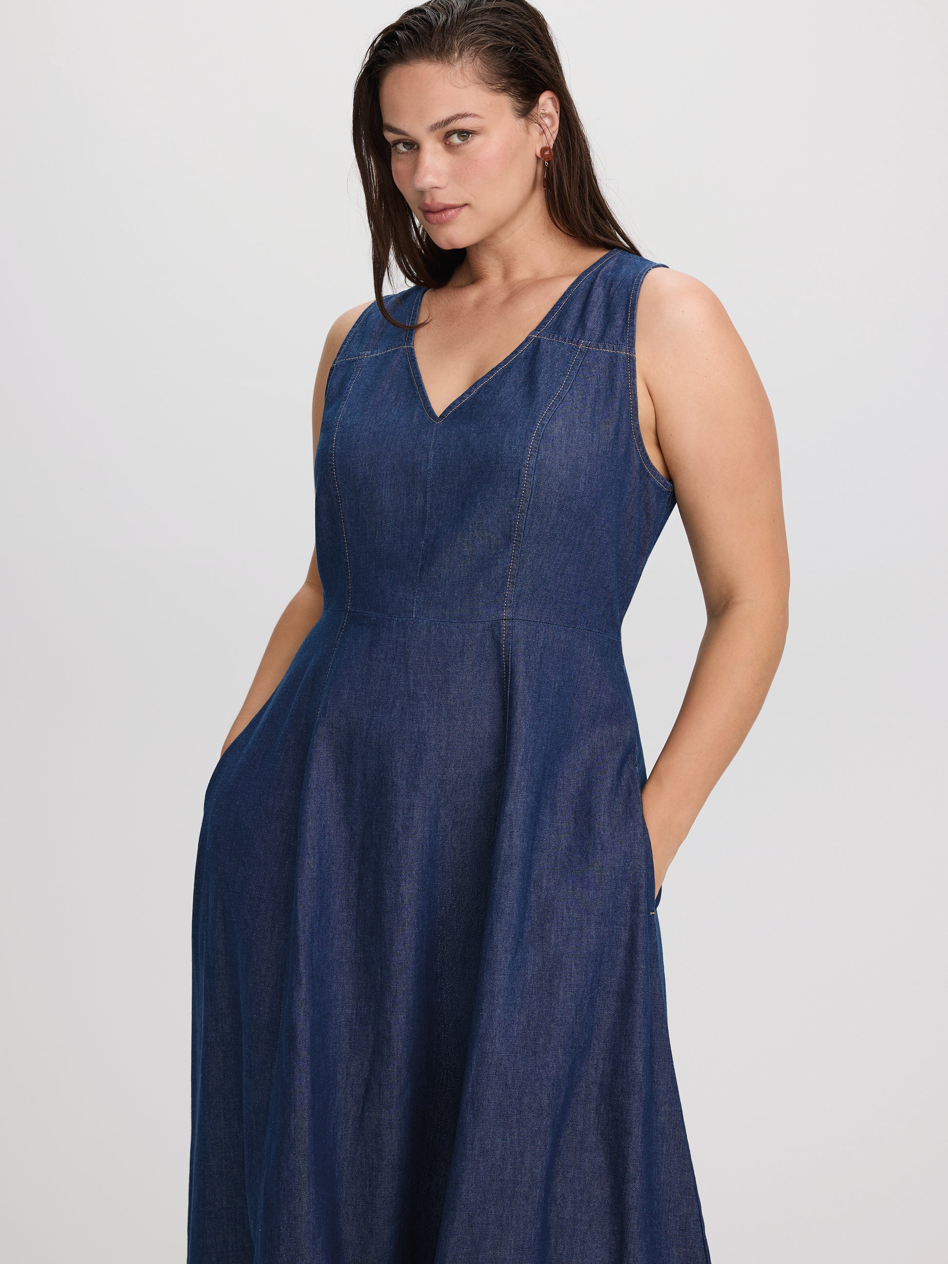 Sleeveless V-Neck Denim Dress