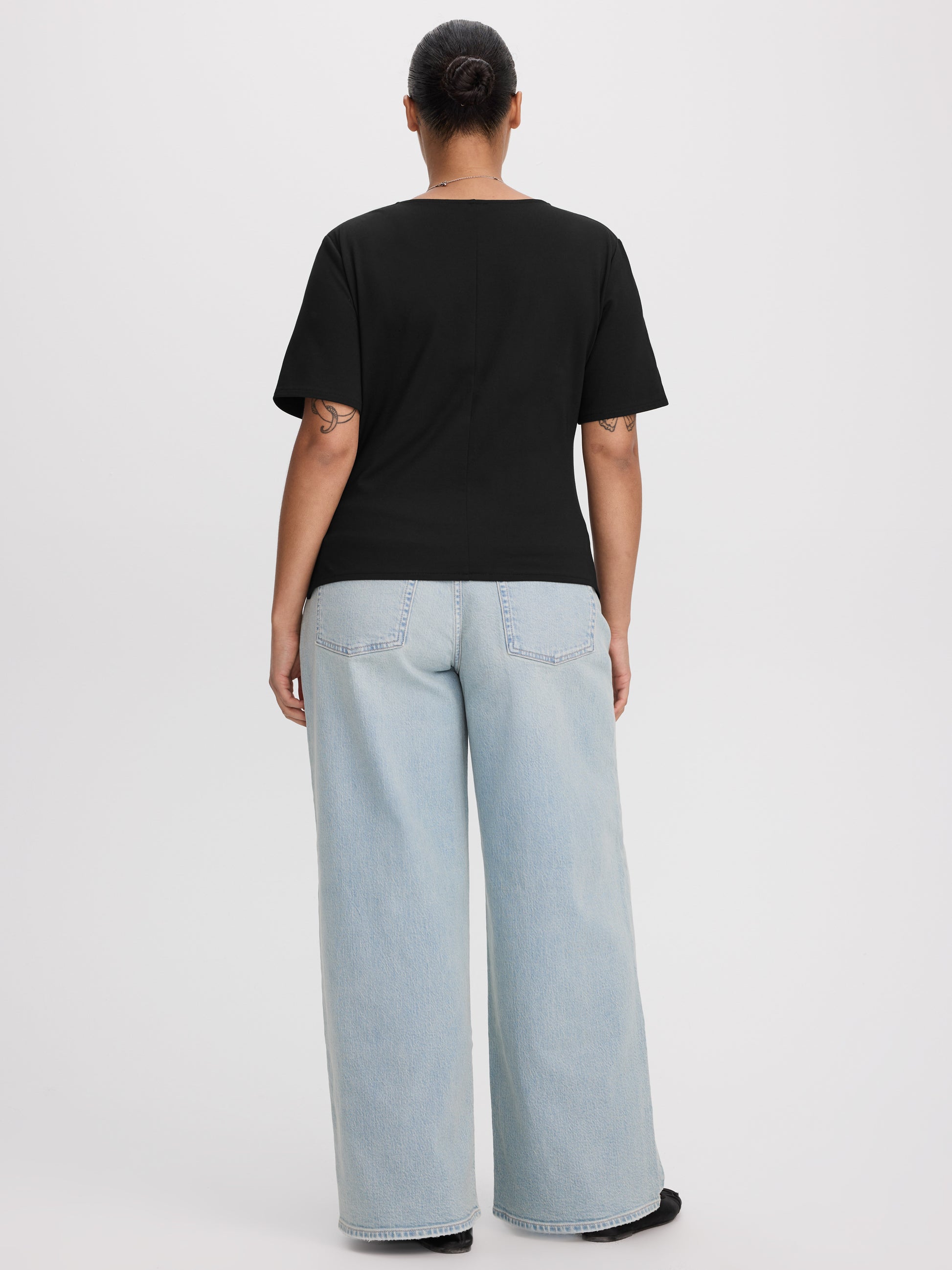 Short-Sleeve Shirred Top with Asymmetrical Hem
