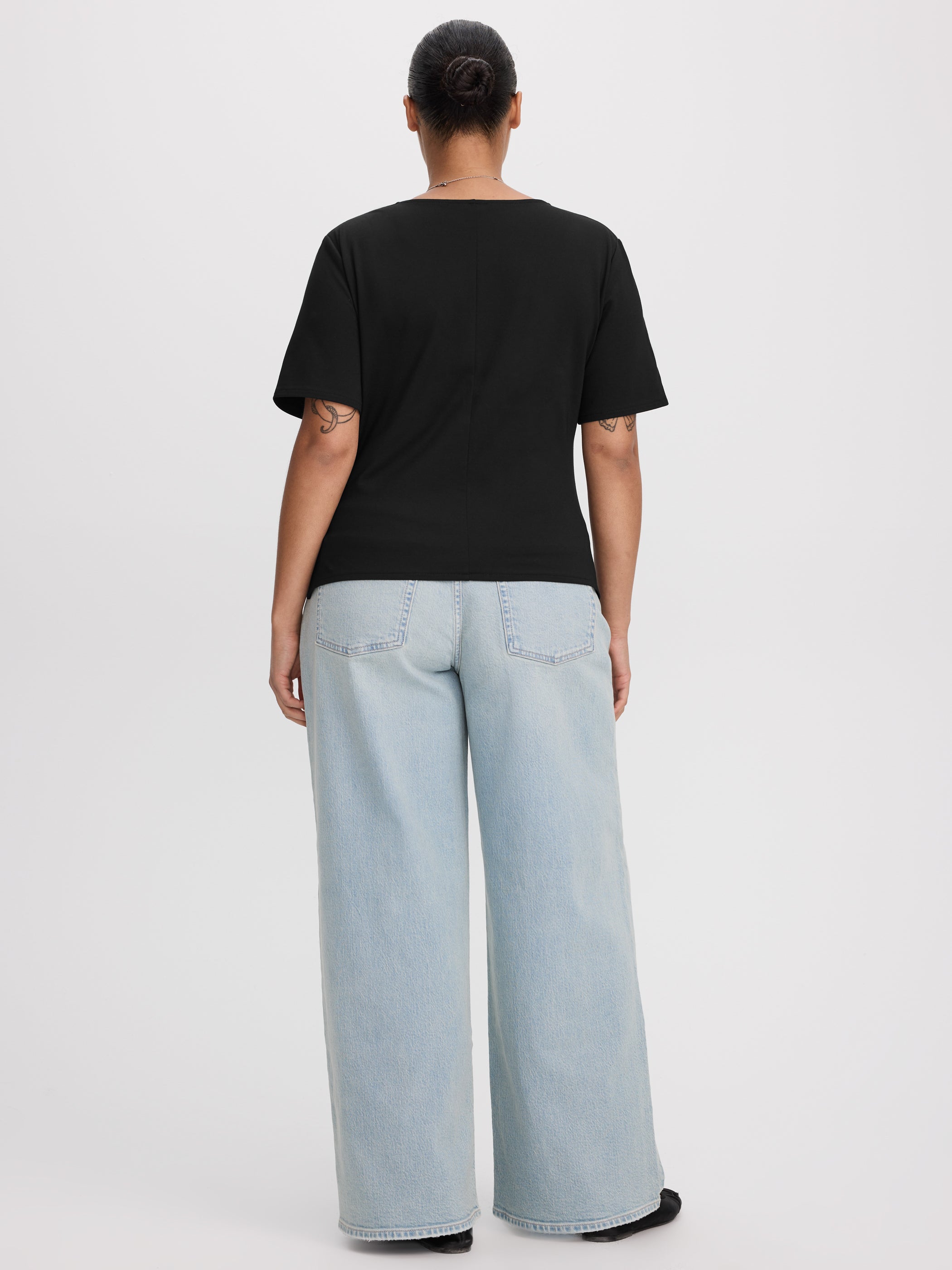 Short-Sleeve Shirred Top with Asymmetrical Hem