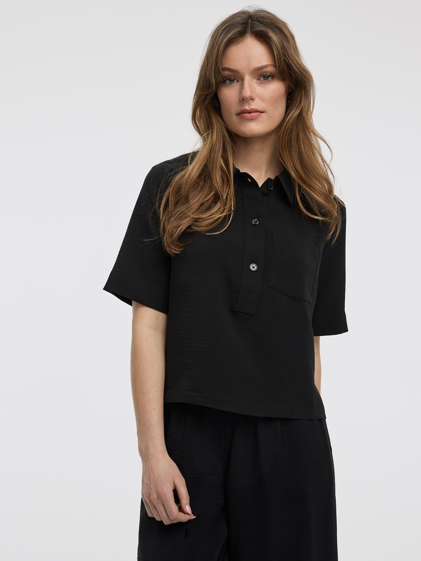 Short-Sleeve Blouse with Shirt Collar