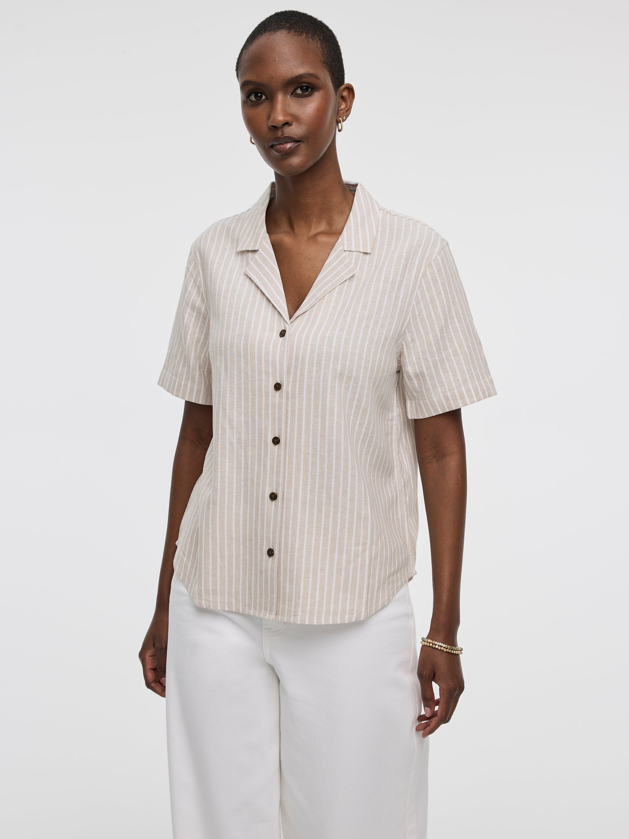 Striped Short-Sleeve Shirt with Pyjama Collar
