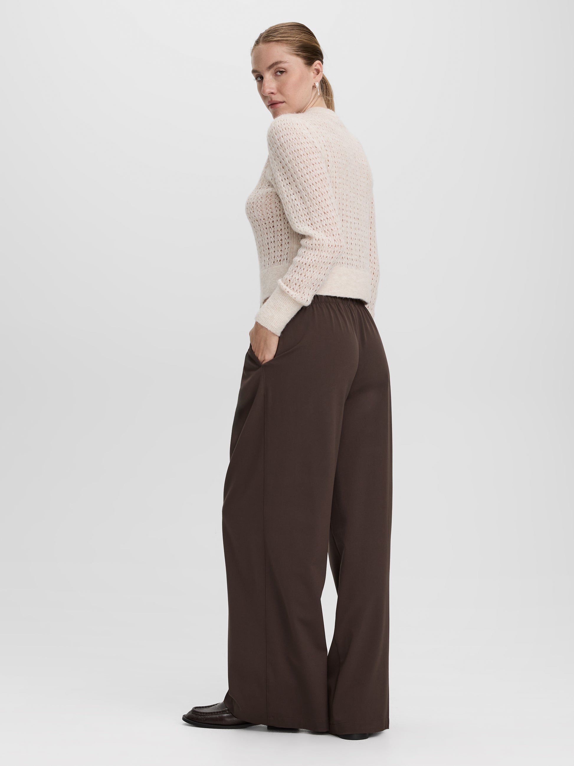 Long-Sleeve Crew-Neck Cardigan with Open Stitches