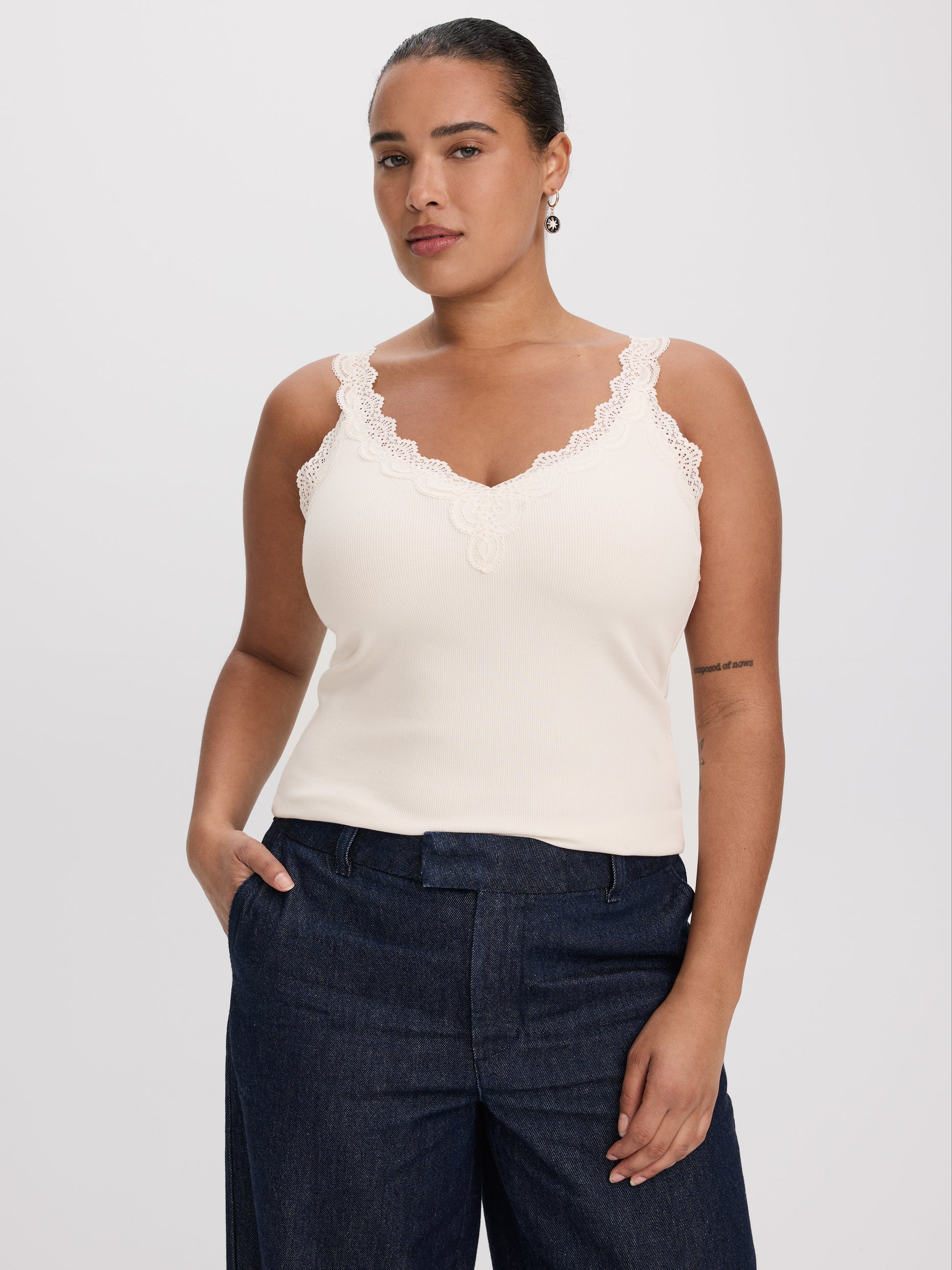 V-Neck Cami with Lace Trim