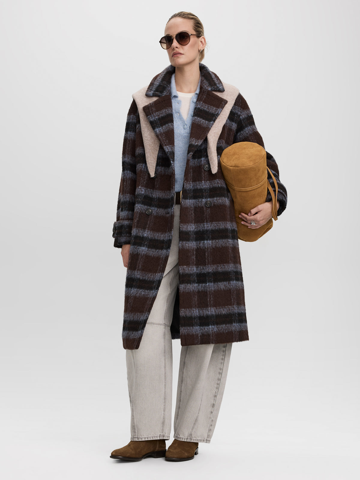 Oversized Double-Breasted Plaid Coat