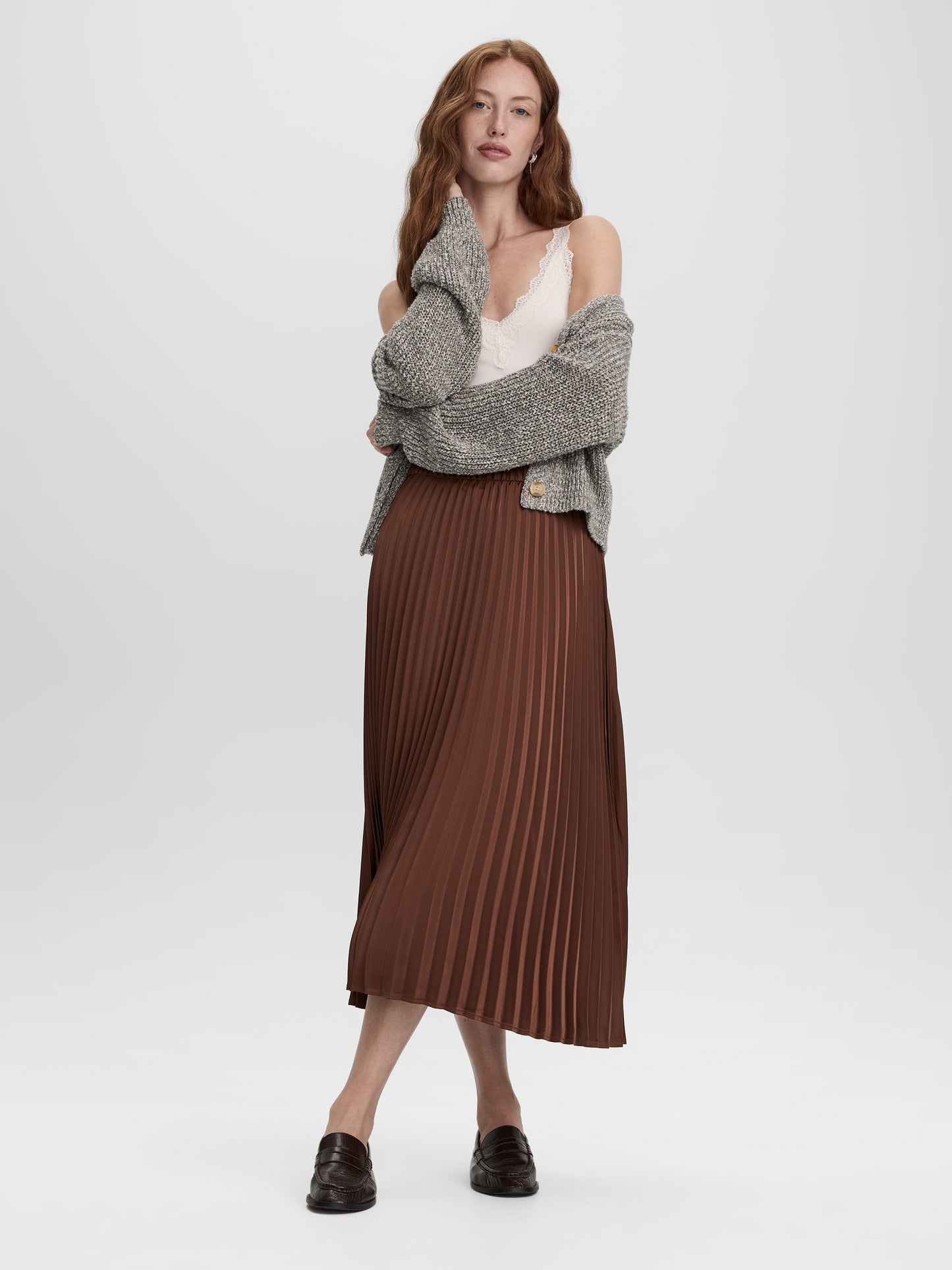 Pleated Satin Midi Skirt