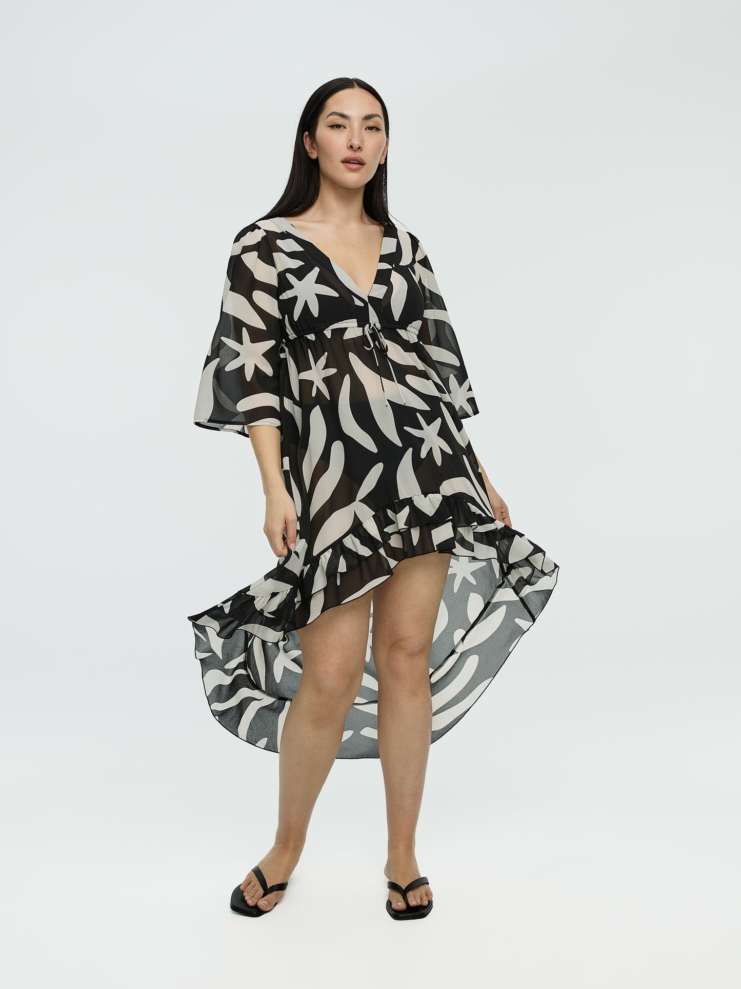 Long-Sleeve V-Neck Maxi Dress with High-Low Hem