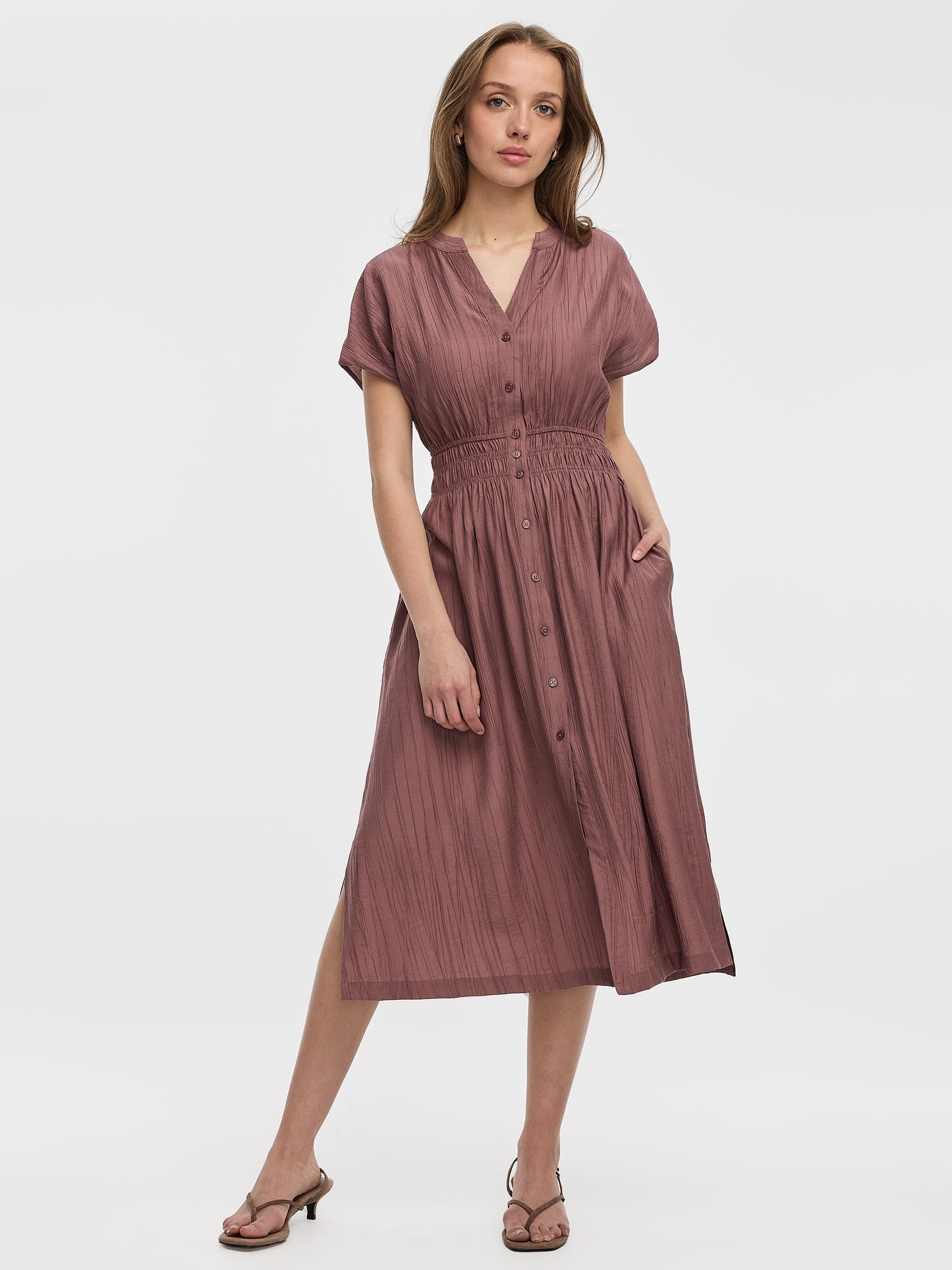 Elbow-Sleeve Midi Shirtdress