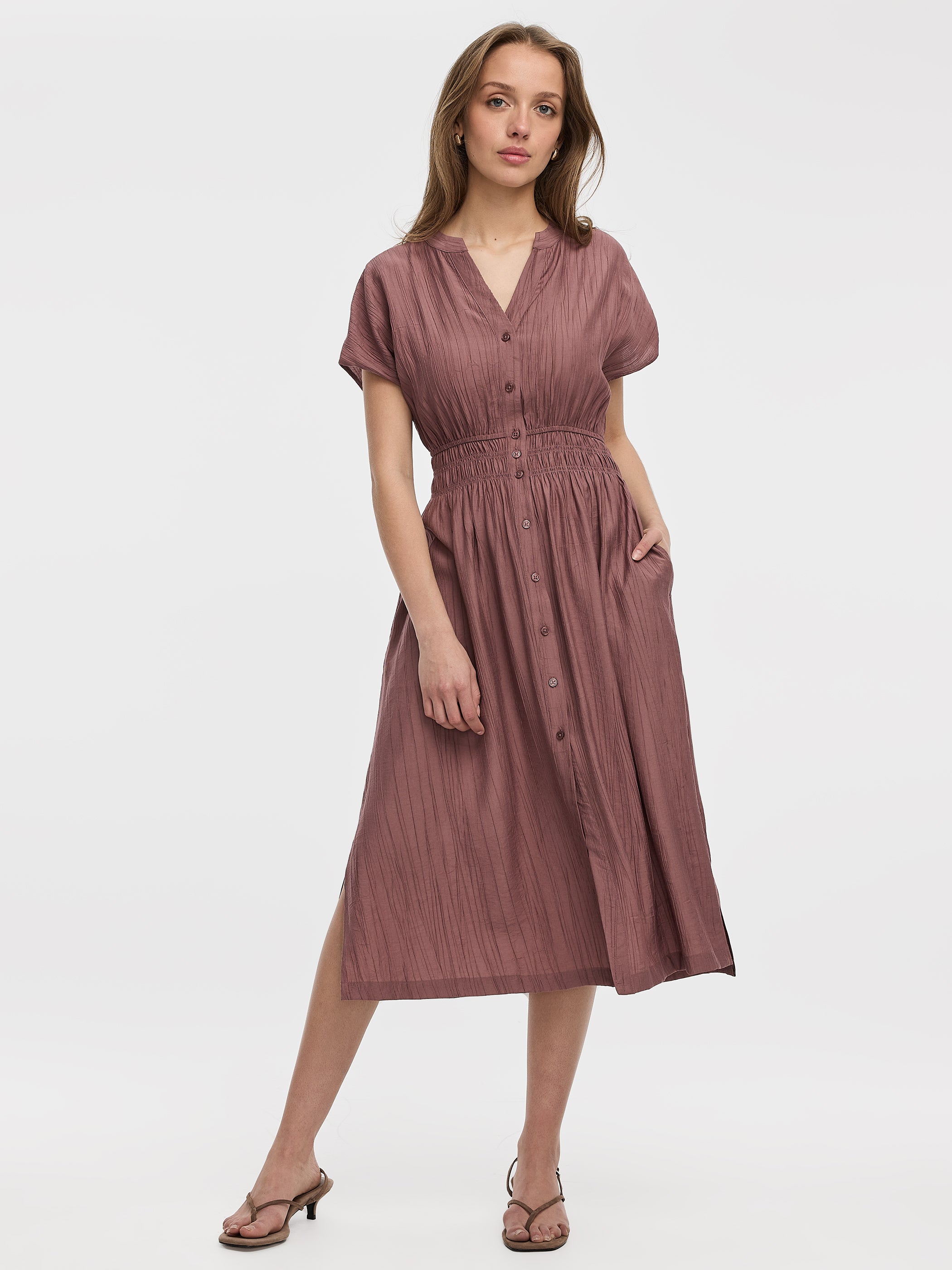 Elbow-Sleeve Midi Shirtdress
