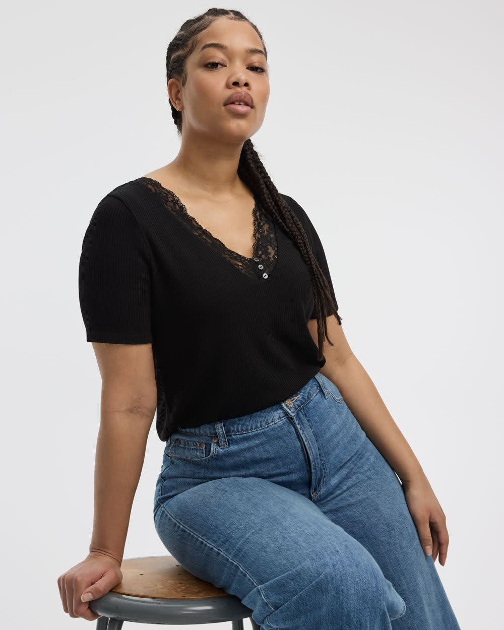 Short-Sleeve V-Neck Tee with Lace Trim