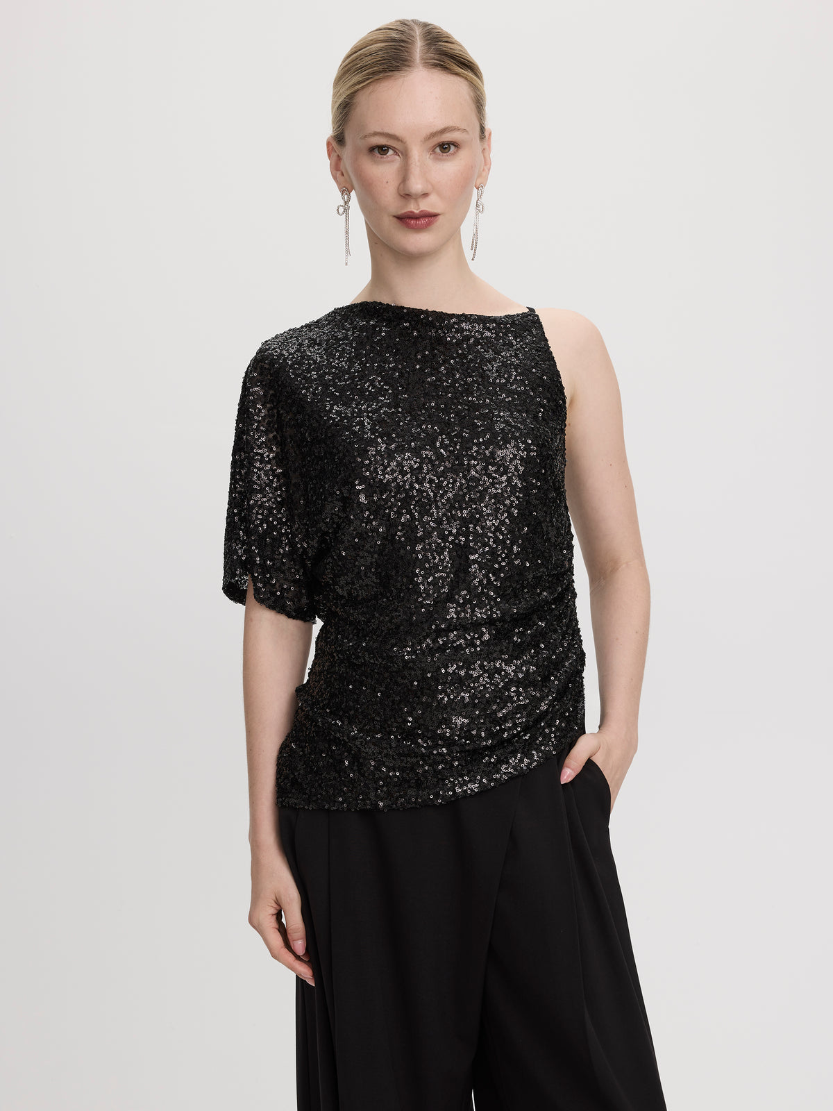 Asymmetrical-Neck Sequins Top
