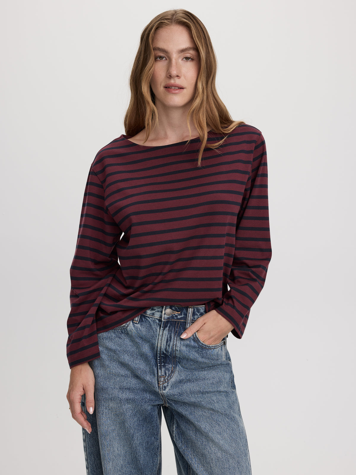 Striped Long-Sleeve Boat-Neck Top