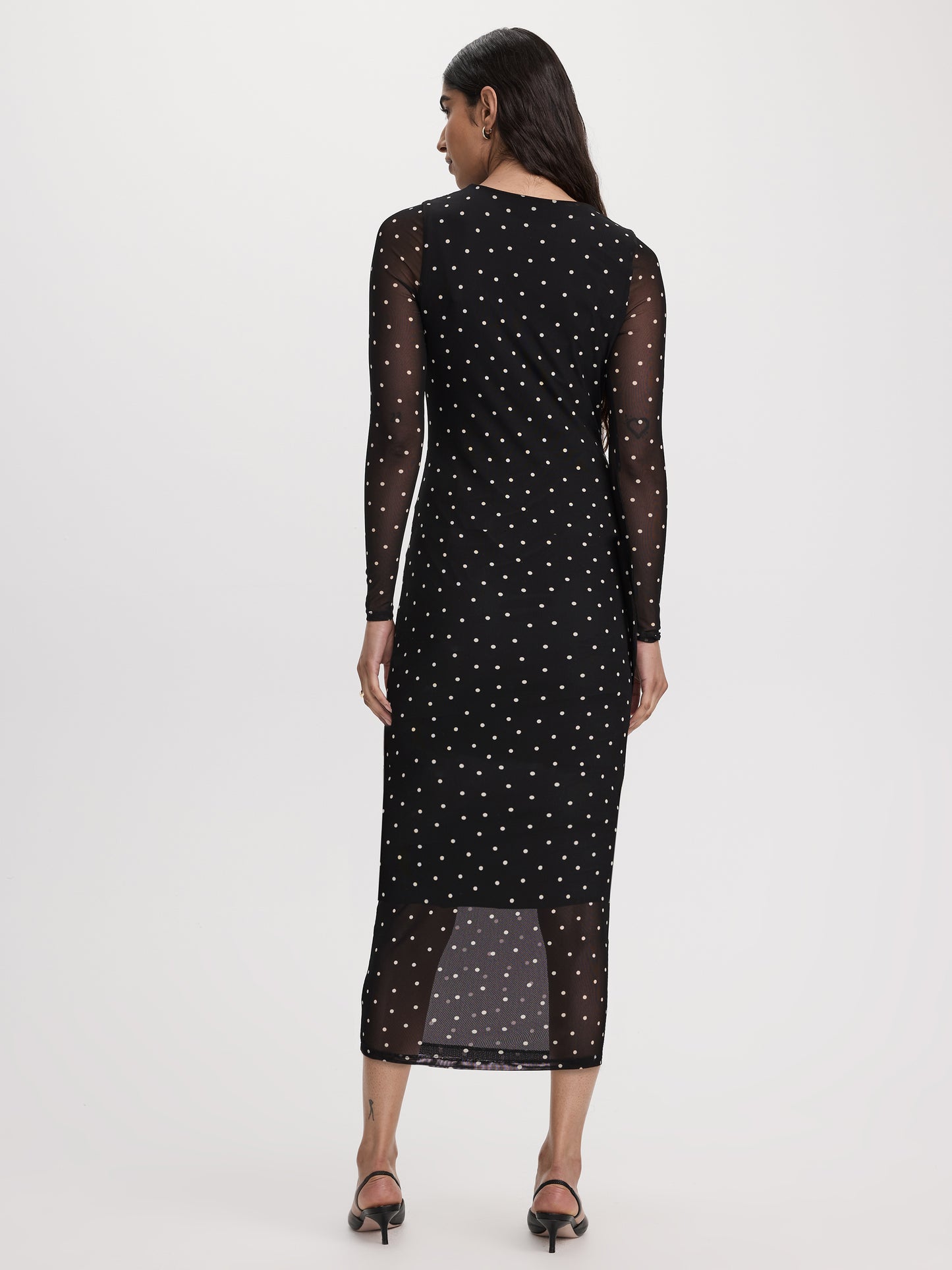 Long-Sleeve Mesh Midi Dress with Side Shirrings