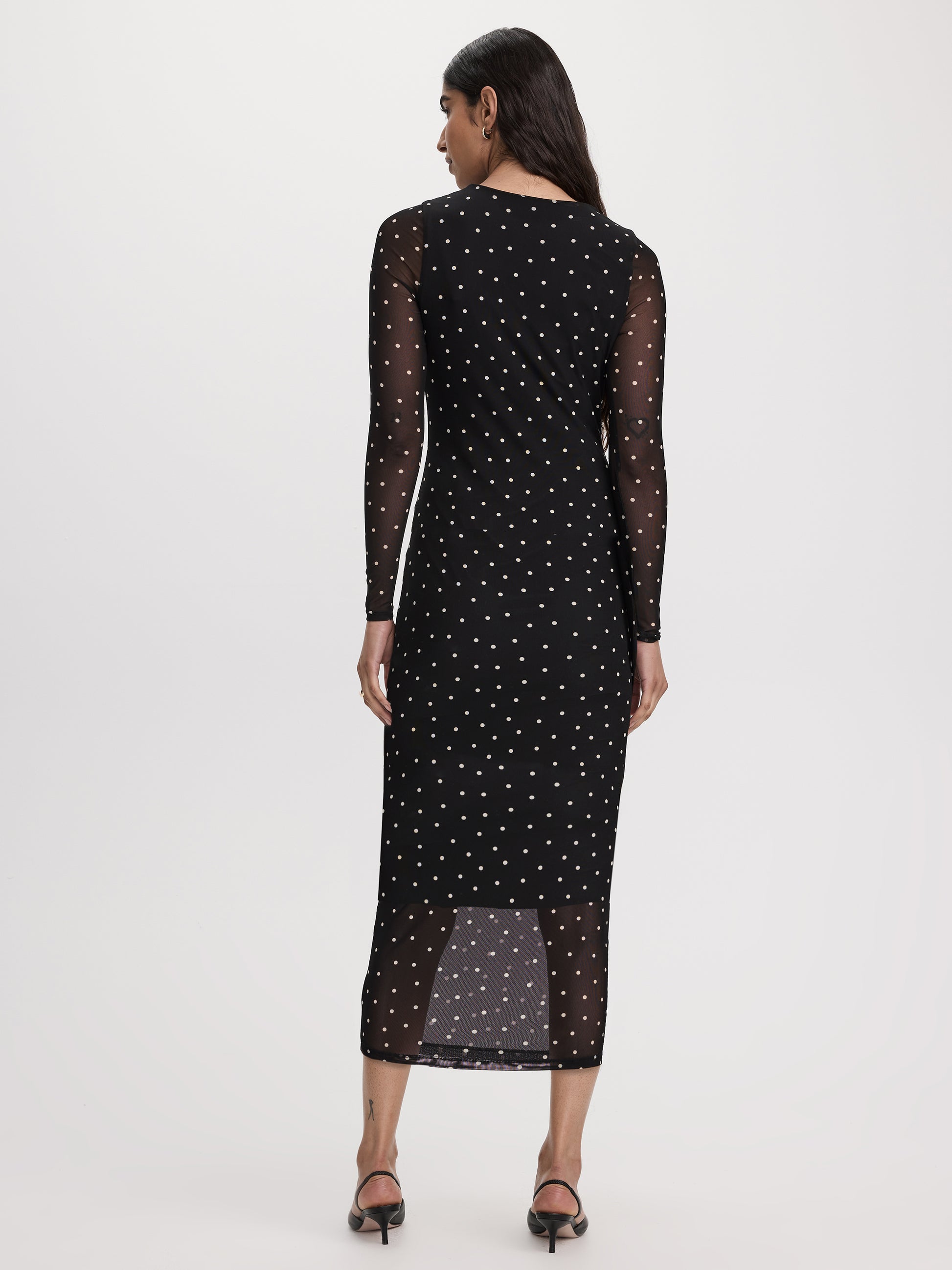 Long-Sleeve Mesh Midi Dress with Side Shirrings