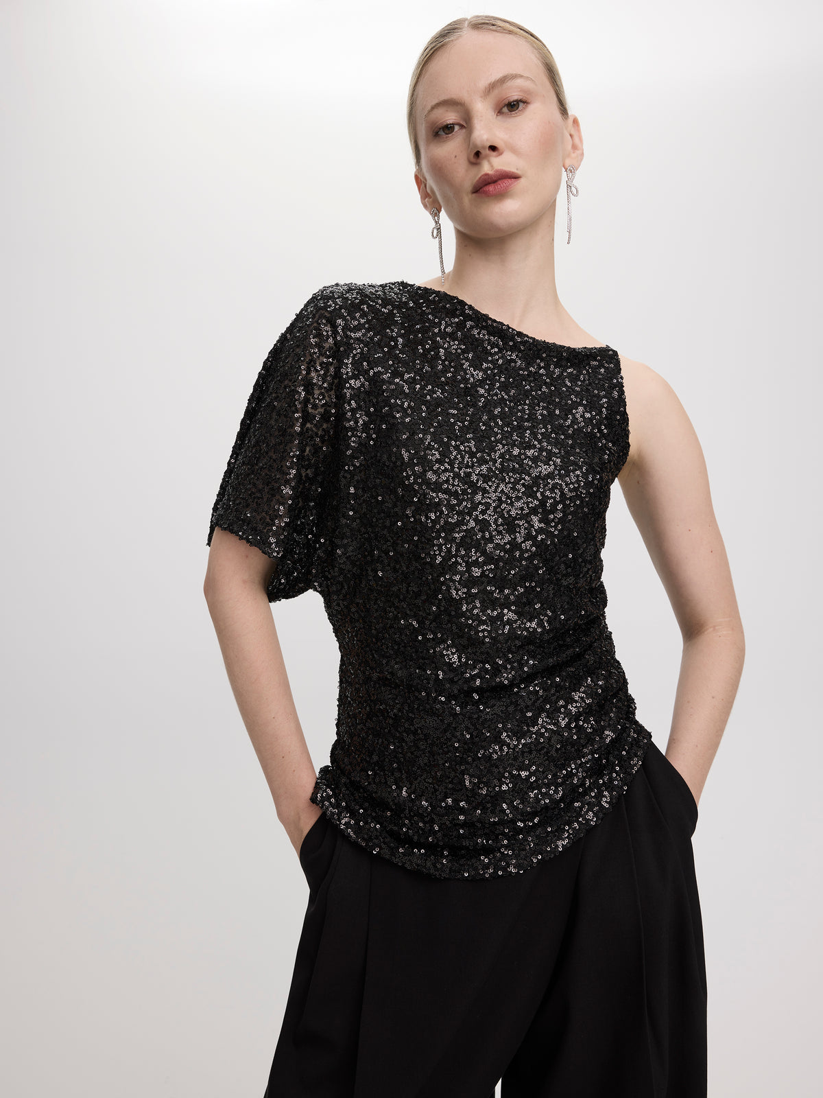 Asymmetrical-Neck Sequins Top