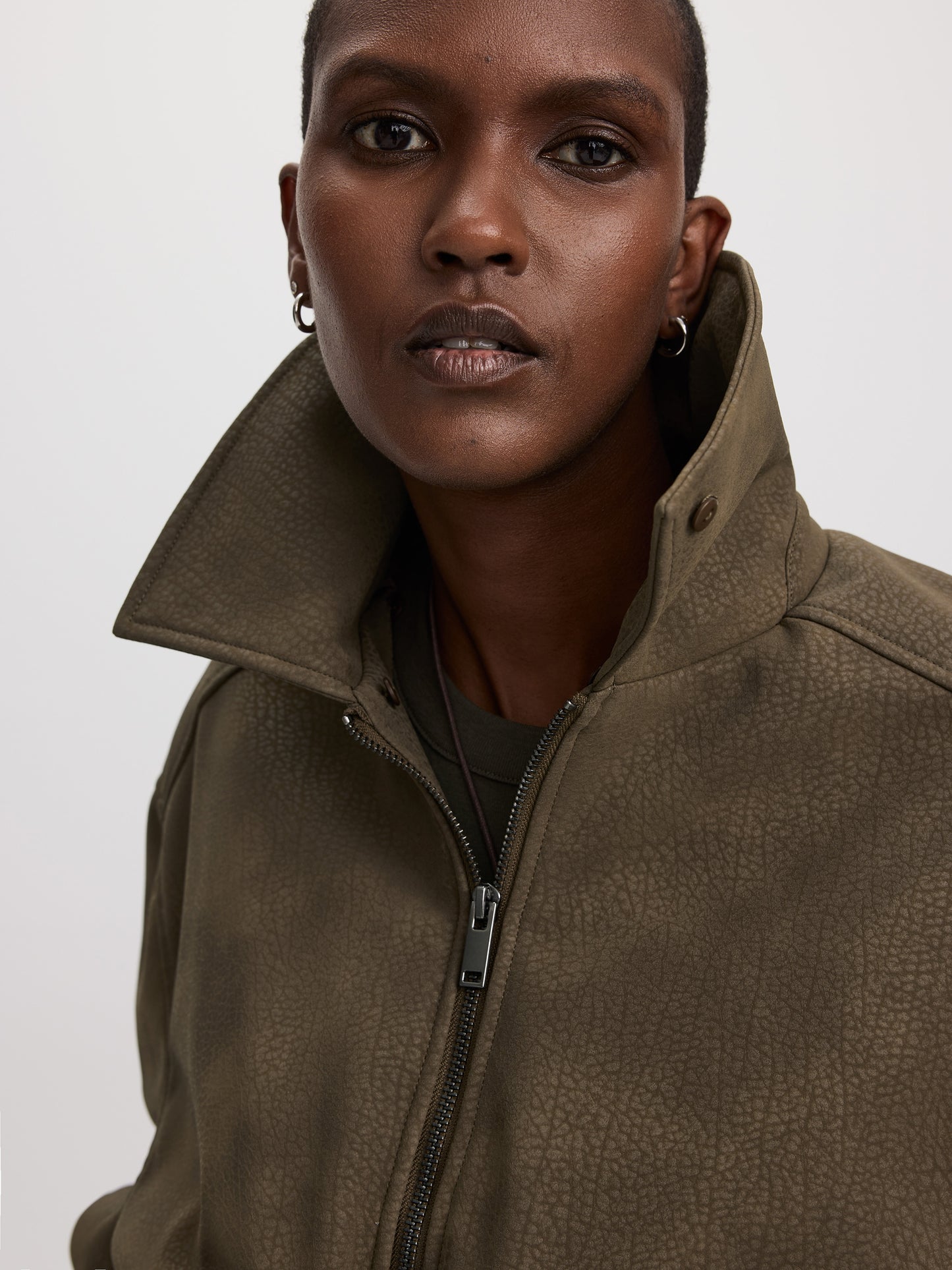 Faux Suede Bomber Jacket with Faux Leather Collar