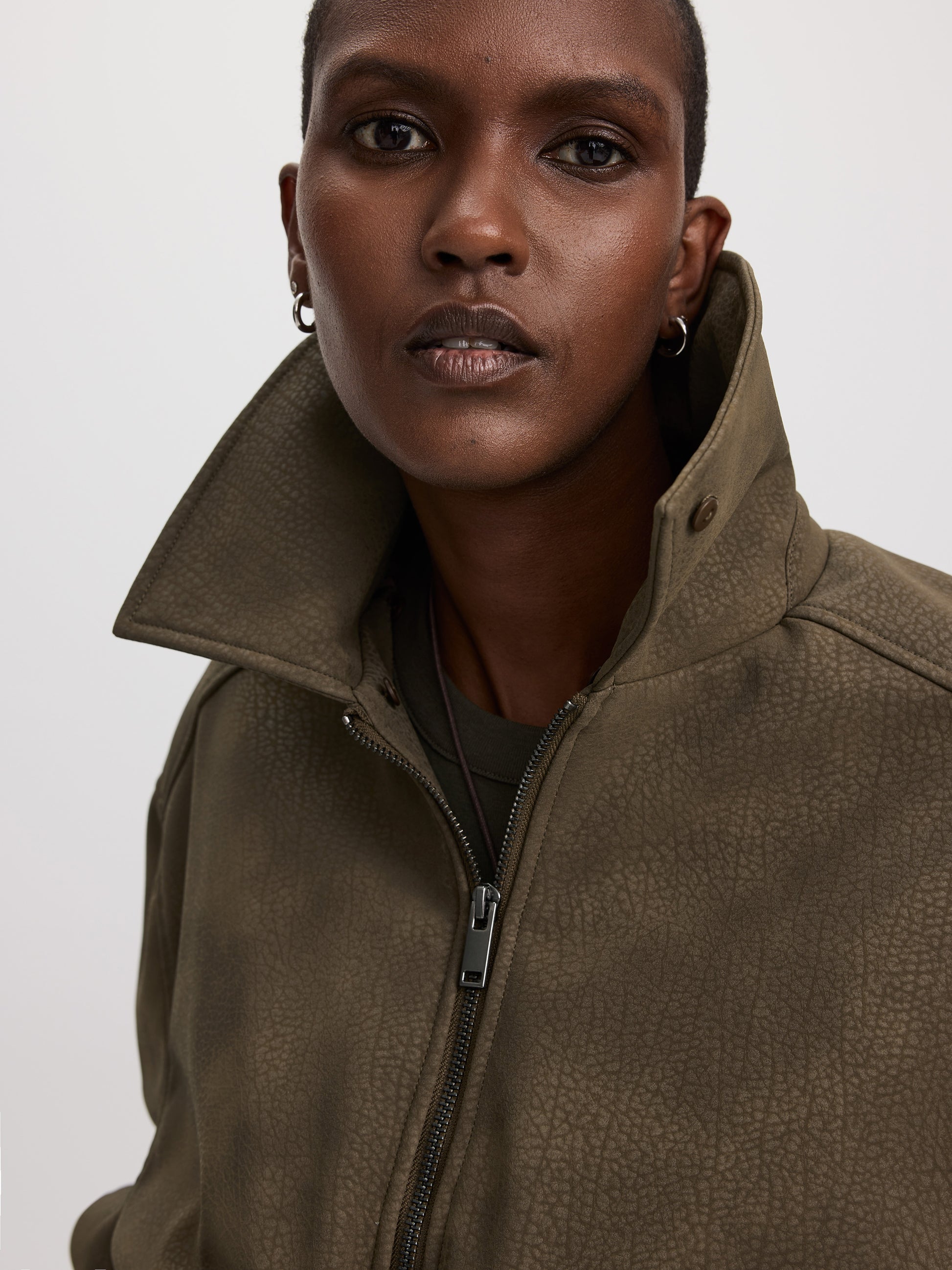 Faux Suede Bomber Jacket with Faux Leather Collar