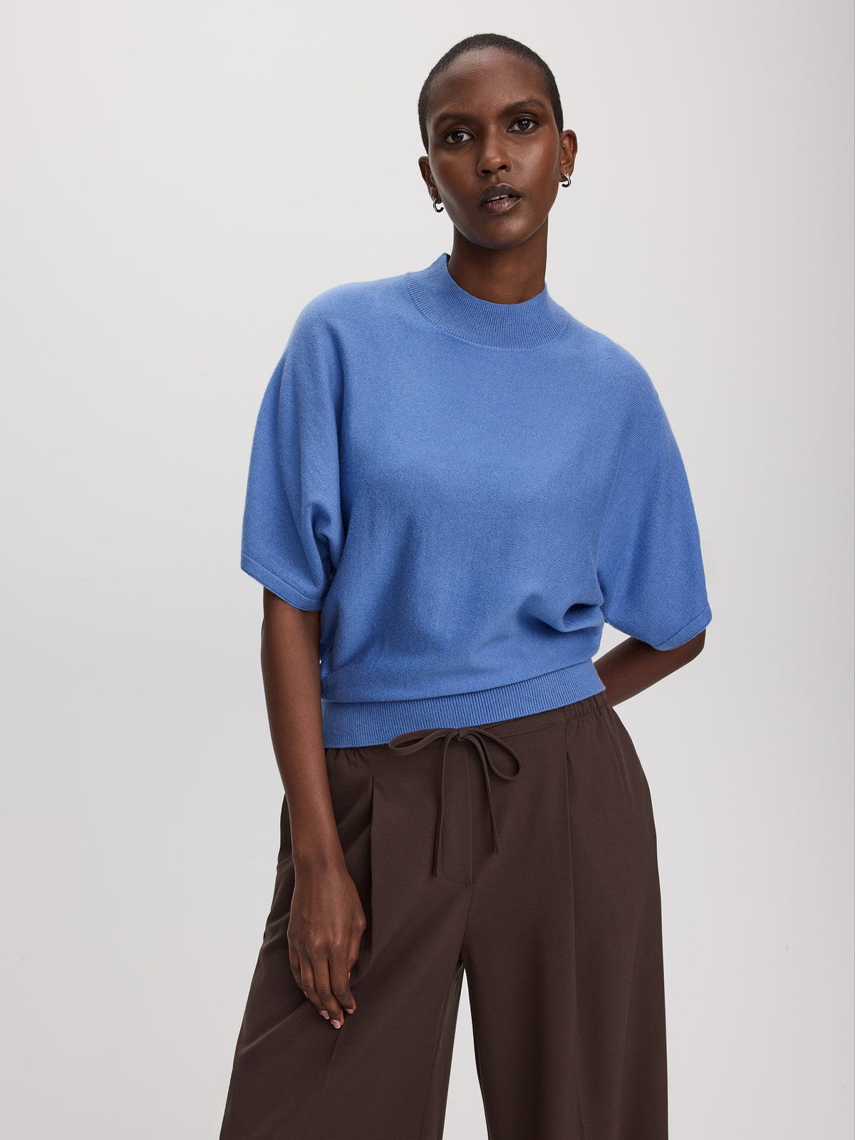 Merino-Blend Short-Sleeve Mock-Neck Sweater