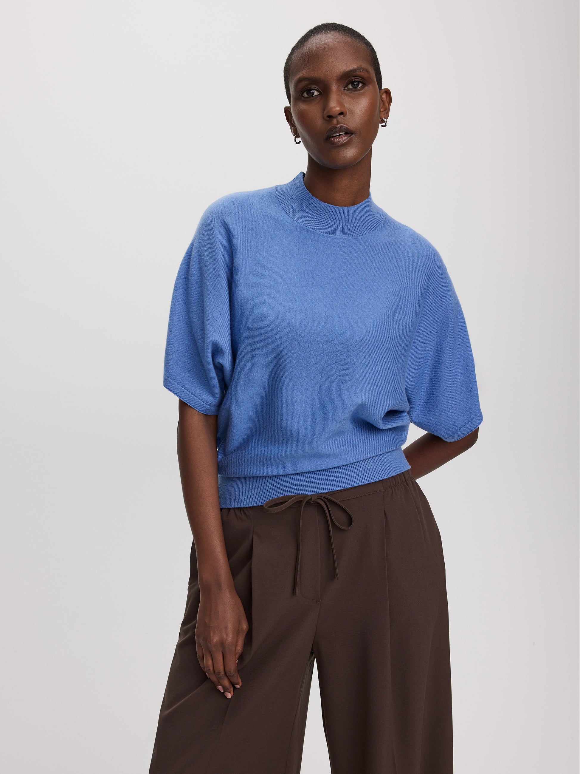 Merino-Blend Short-Sleeve Mock-Neck Sweater
